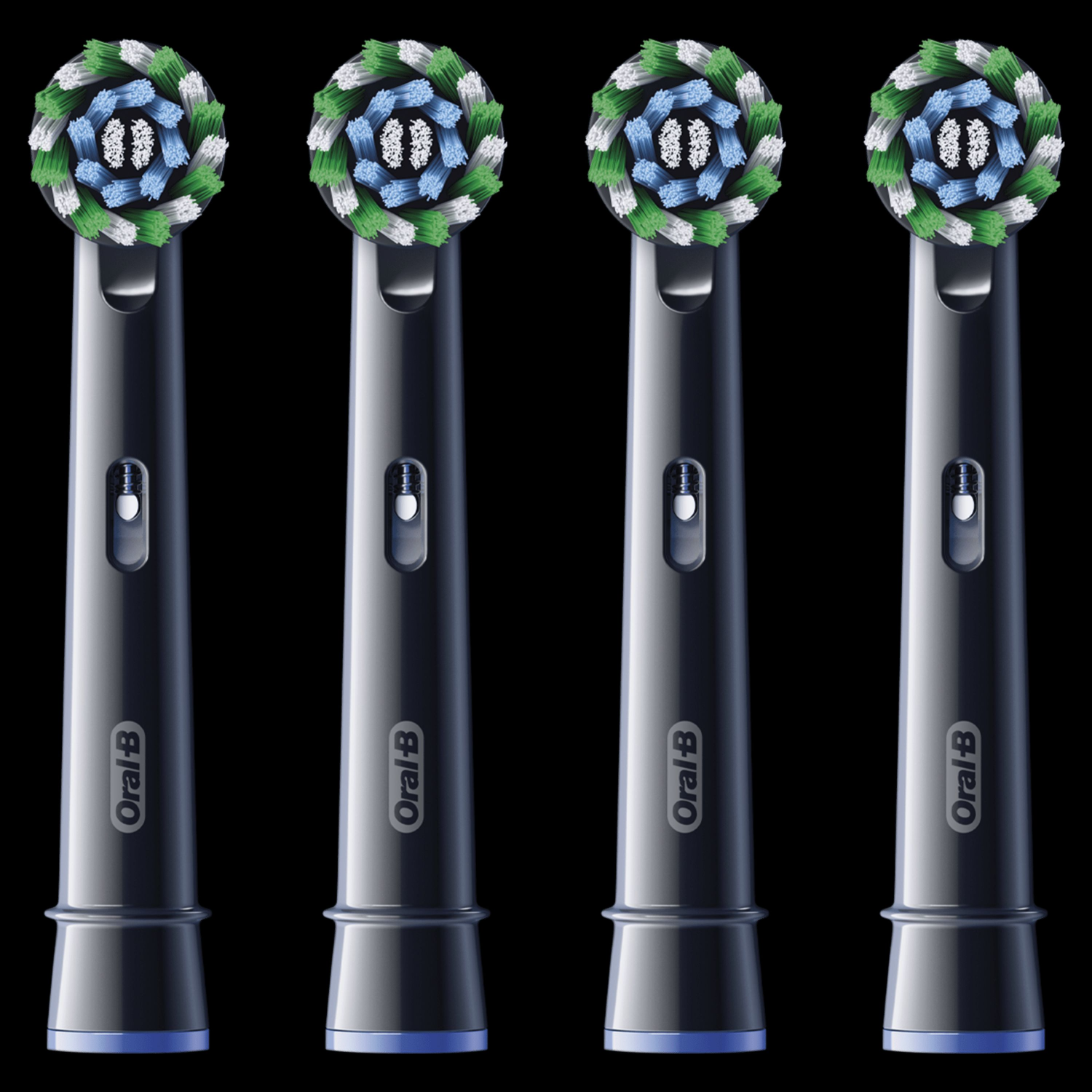Vier zwarte Oral-B tandenborstelkoppen, met blauwe en groene borstelharen, op een zwarte achtergrond.