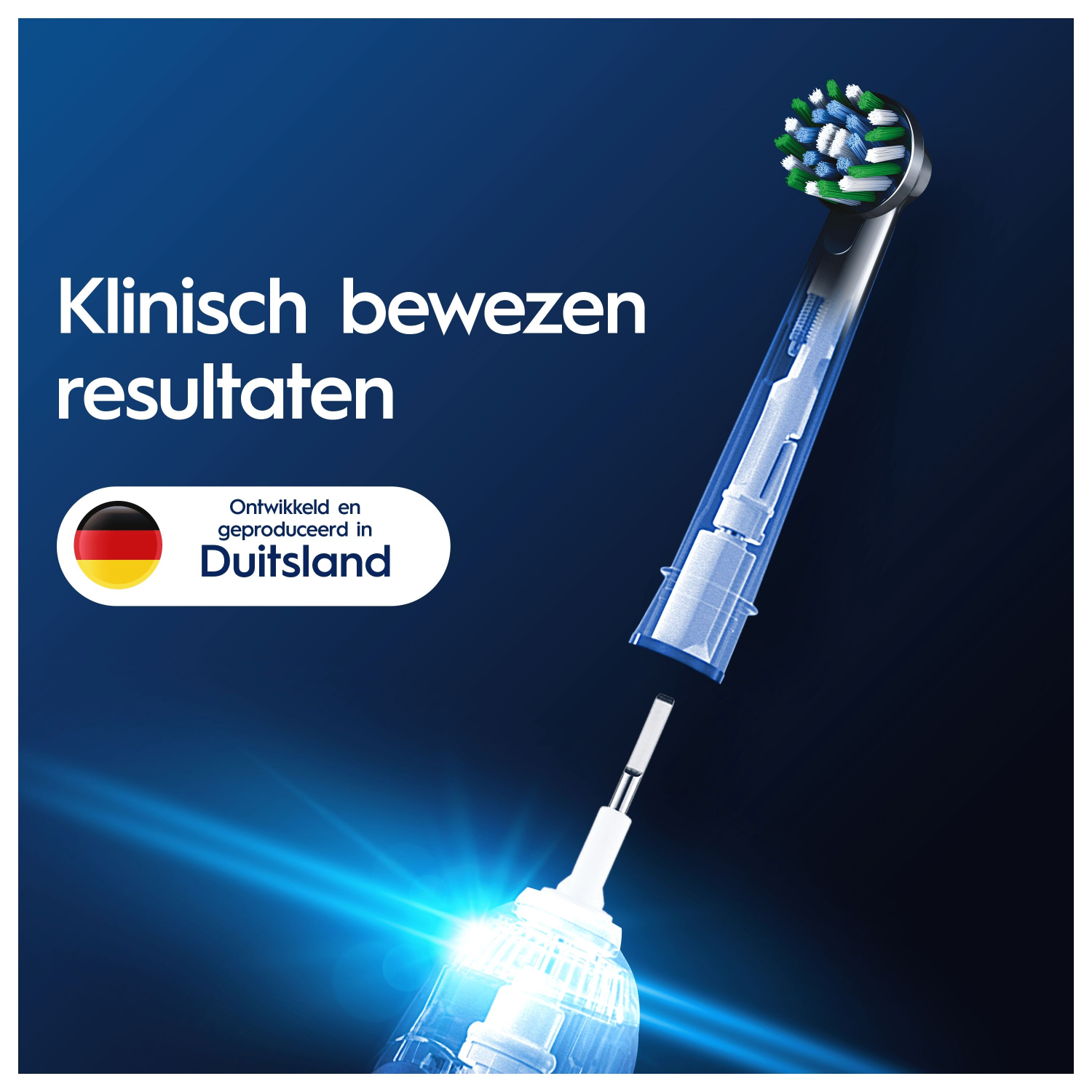 Tandenborstelkop in doorsnede. Blauwe achtergrond, tekst en Duits vlagembleem.