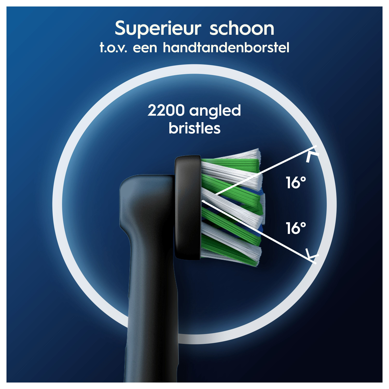 Tandenborstelkop met schuine borstelharen, wit en groen, tegen een blauwe achtergrond.