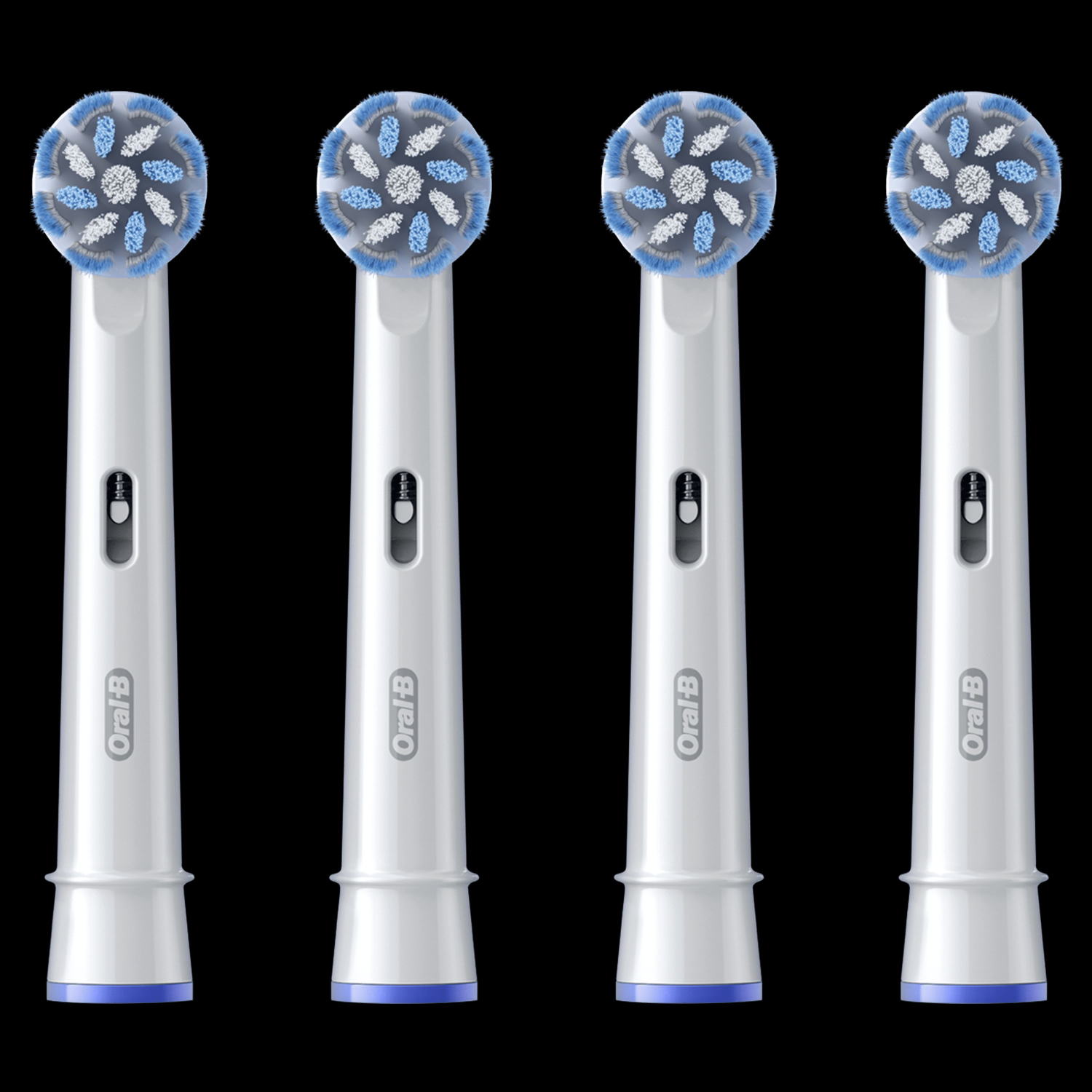 Vier Oral-B tandenborstelkoppen. Ze zijn wit met blauwe borstelharen en accenten.