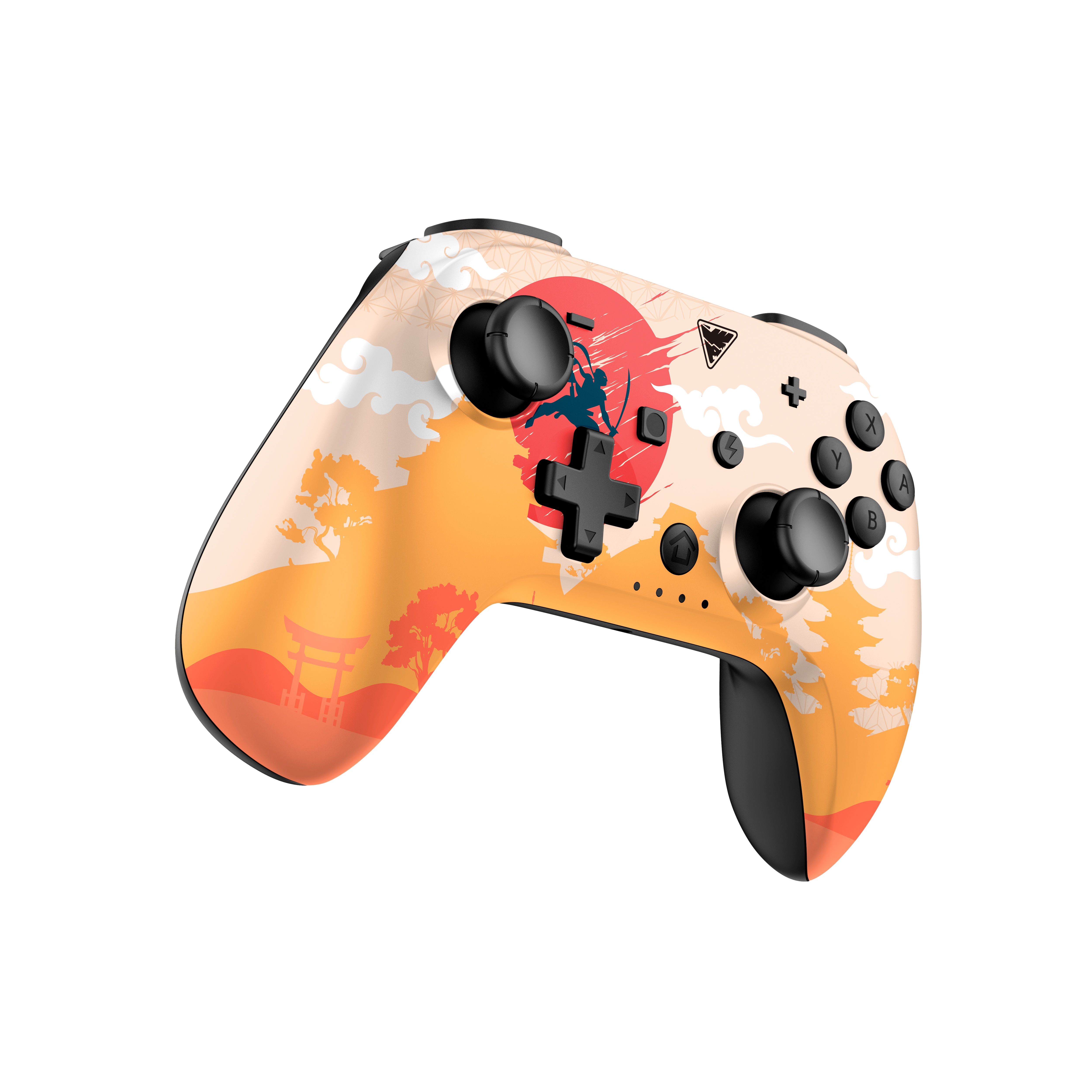 Ein Videospiel-Controller mit japanischem Kunstdesign. Rote Sonne, Silhouetten und orange/beige Farben.