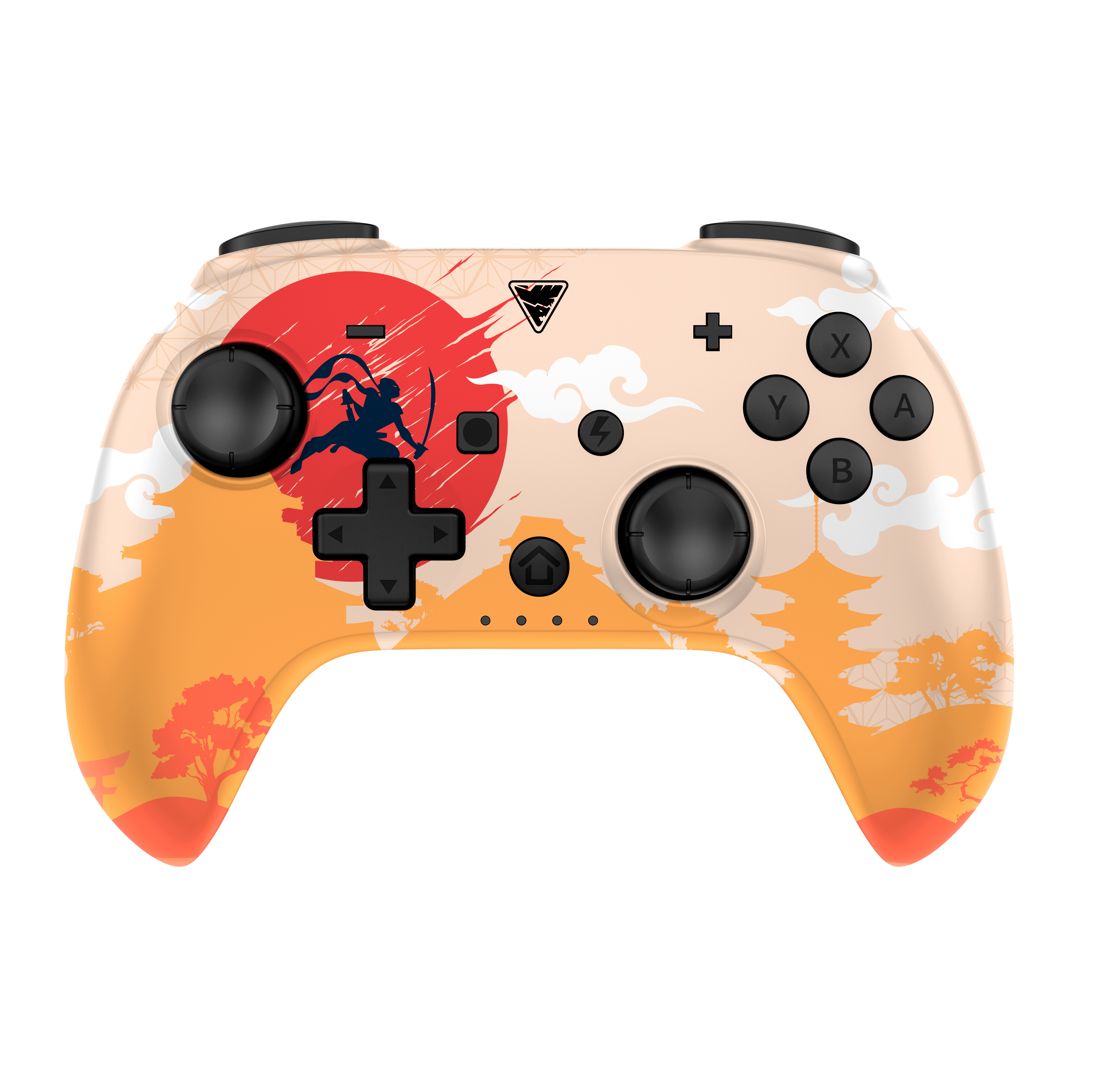Spielcontroller mit japanischem Thema, roter Sonne und Krieger-Silhouette.