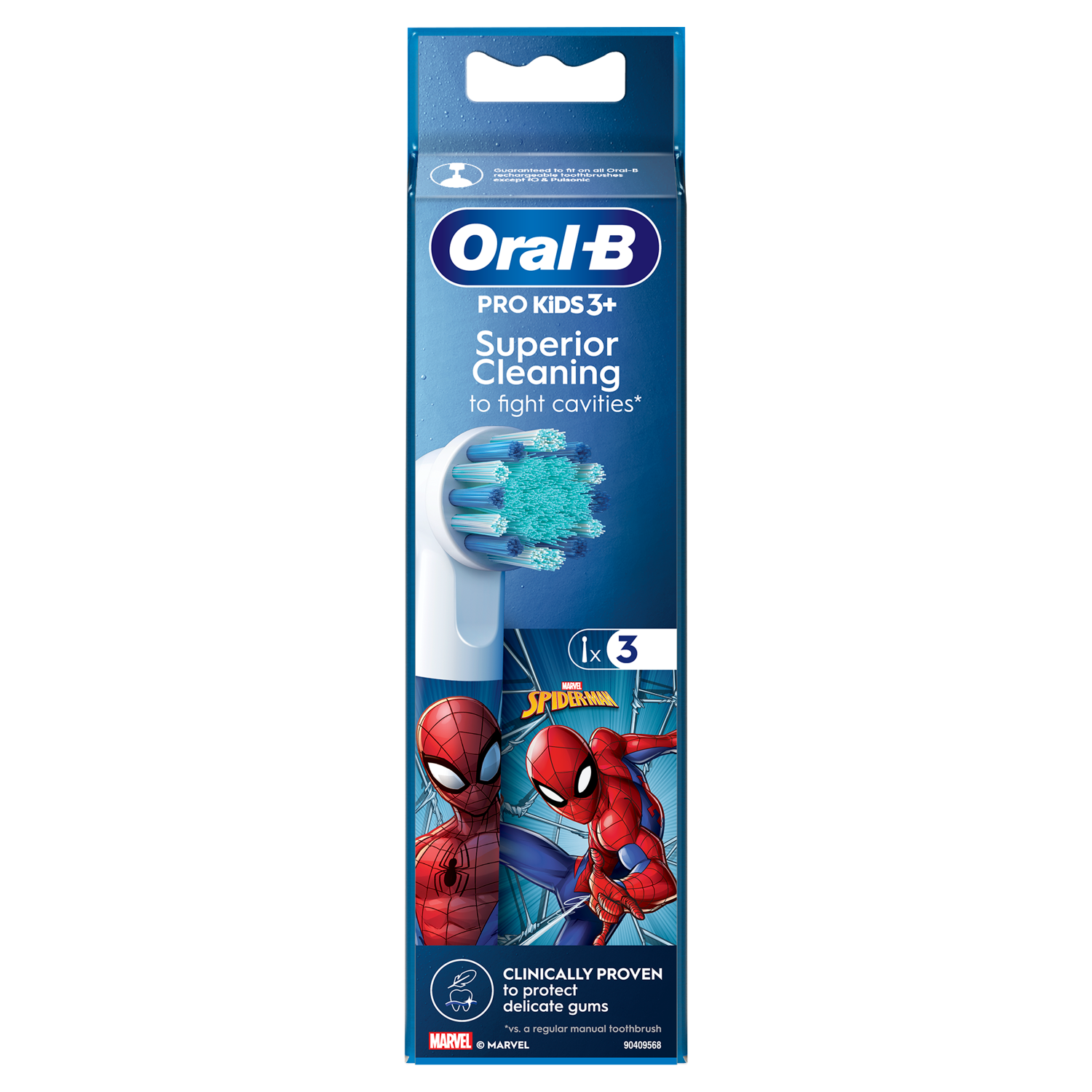 Oral-B Pro Kids 3+ toothbrush heads, with Spider-Man graphics, and a blue and white brush.