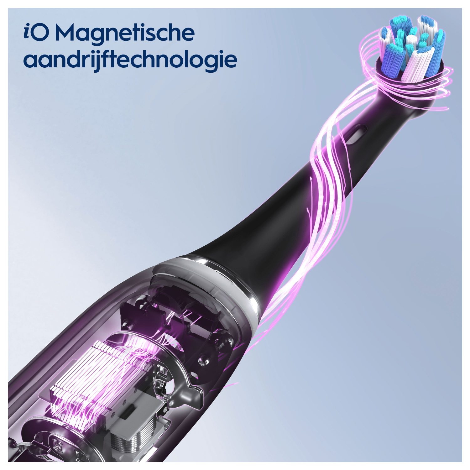 Close-up van een elektrische tandenborstel, met nadruk op de interne componenten.