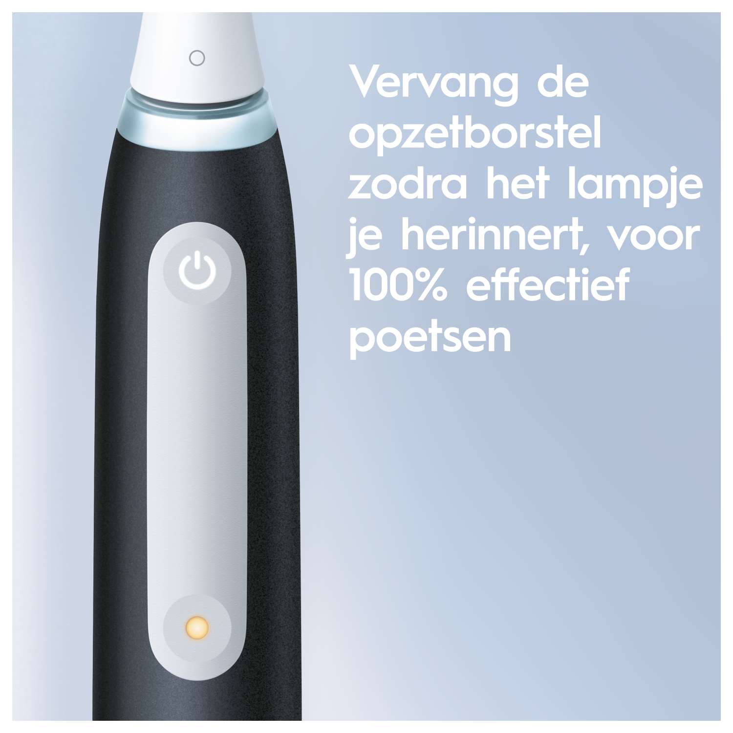 Zwarte tandenborstel. Aan/uit-knop en een lichtindicator. Nederlandse tekst aan de rechterkant.