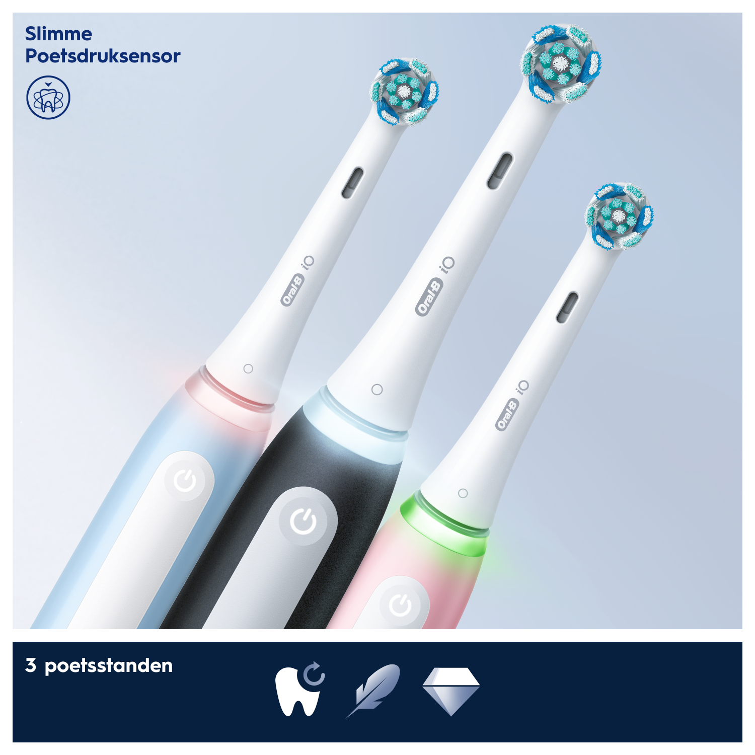 Drie elektrische tandenborstels van Oral-B worden weergegeven, elk met een ander gekleurd licht aan de basis.