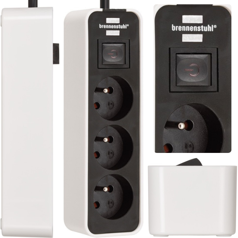 Biało-czarny przedłużacz z trzema gniazdami, przełącznikiem i marką 'brennenstuhl'.