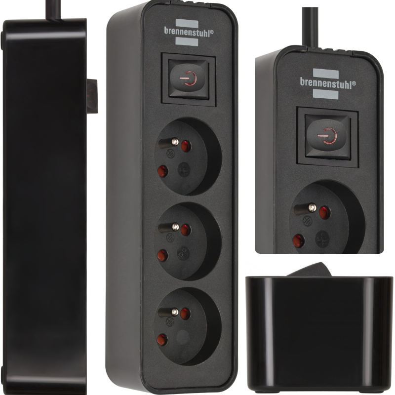 Czarny przedłużacz z gniazdami i przełącznikiem, wiele widoków, białe tło.