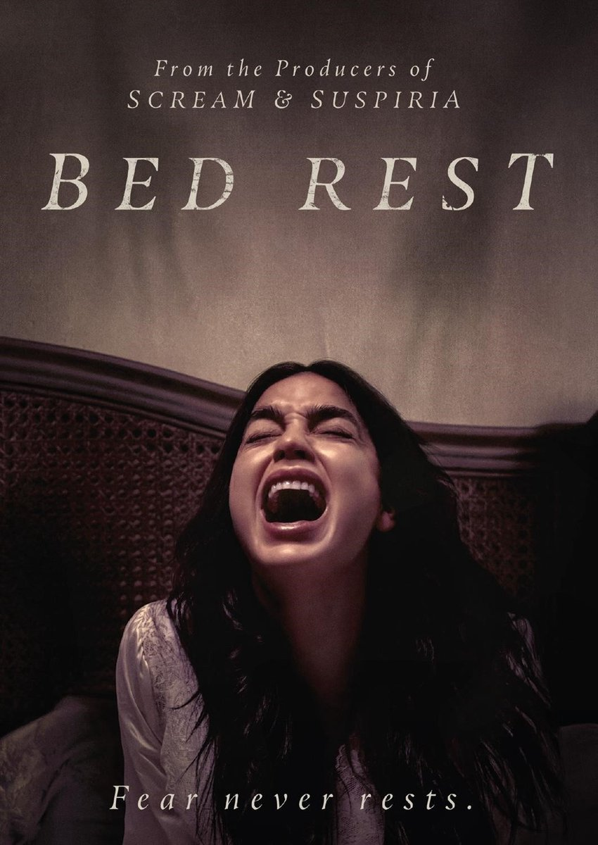 Filmposter voor Bed Rest. Vrouw schreeuwt. Titel bovenaan. Van de producenten van Scream & Suspiria.