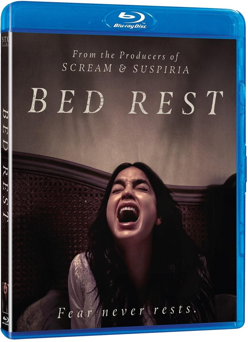 Blu-ray hoes van de film "Bed Rest" met een schreeuwende vrouw.