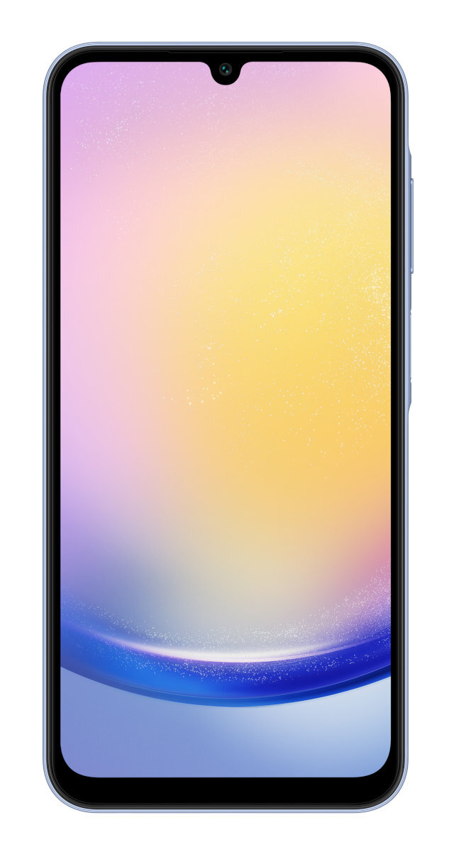 Smartfon z gradientowym ekranem, jasnoniebieską ramką i przednim aparatem.