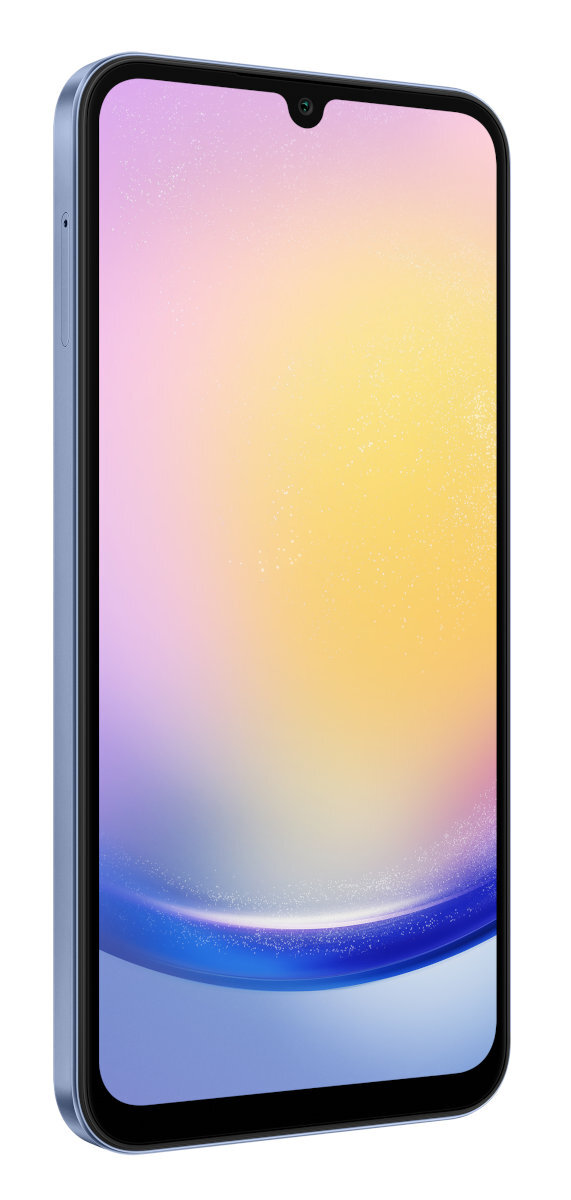 Niebieski smartfon z zakrzywionym ekranem na białym tle.