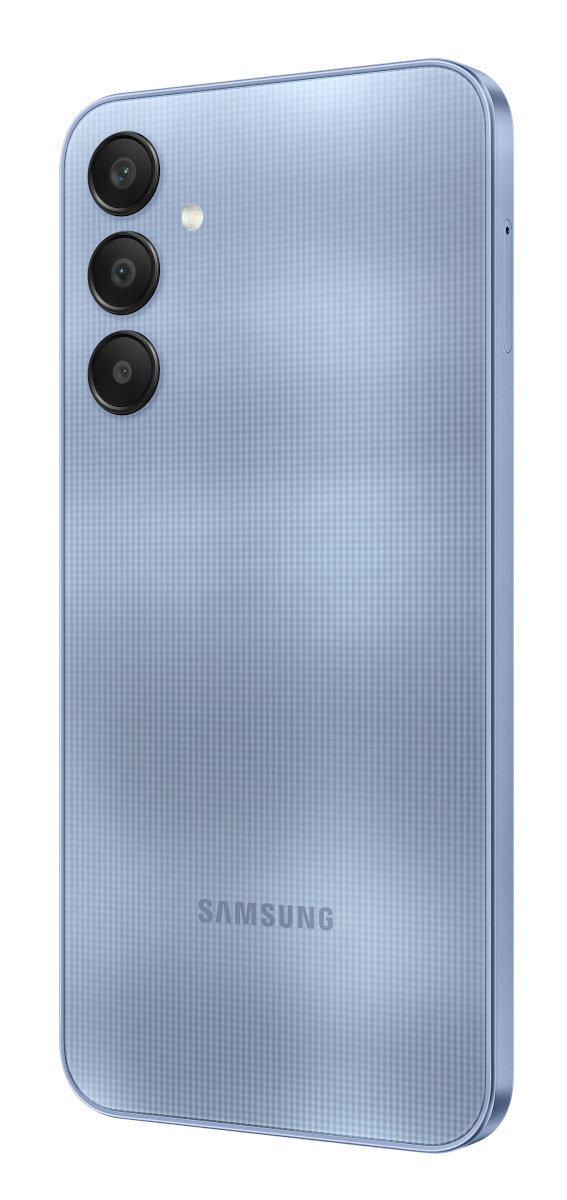 Niebieski telefon Samsung, widok z tyłu. Potrójny aparat i widoczne logo Samsung.