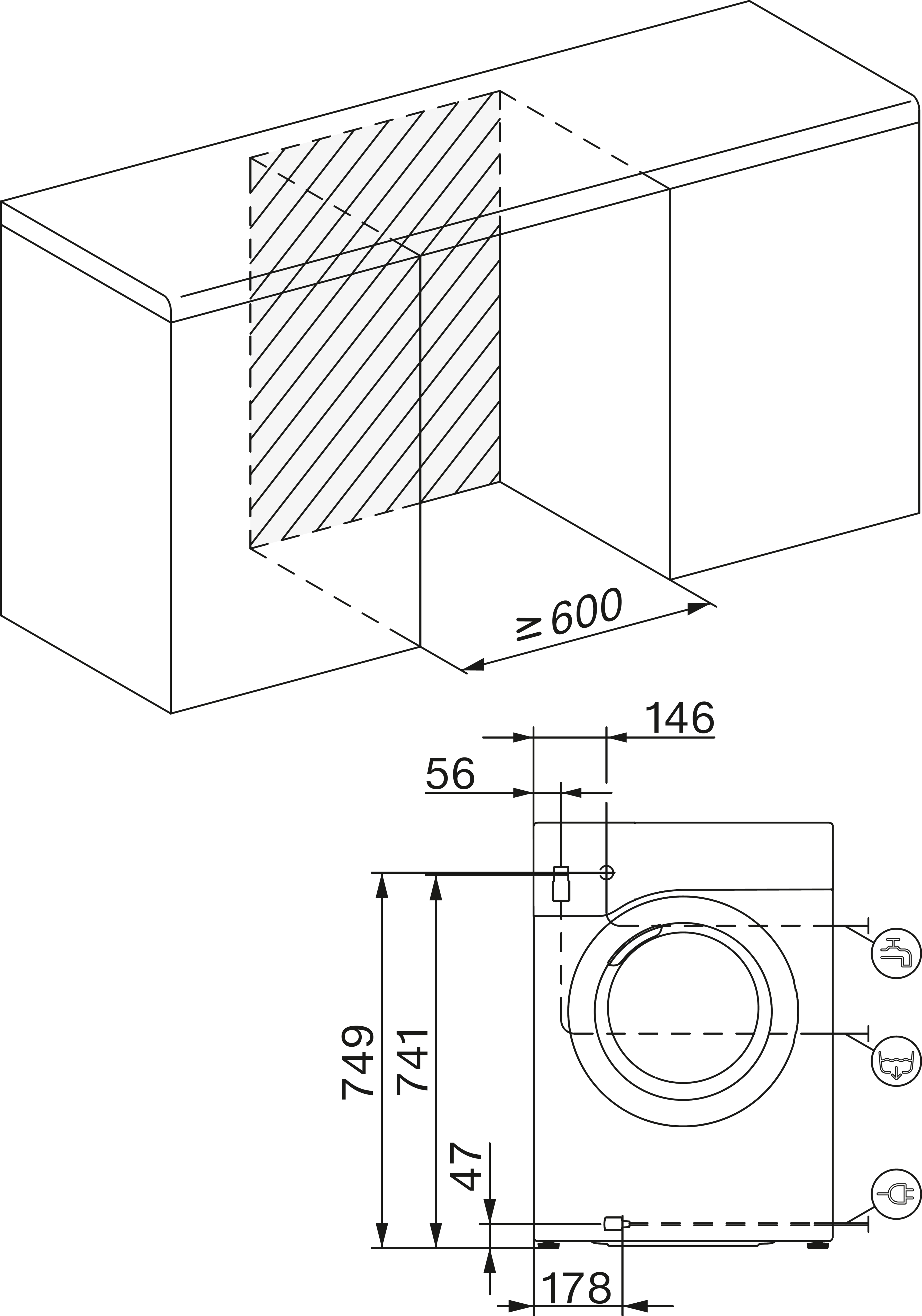 Eine technische Zeichnung einer Waschmaschine mit Abmessungen und Anmerkungen, die Einbaudetails zeigt.