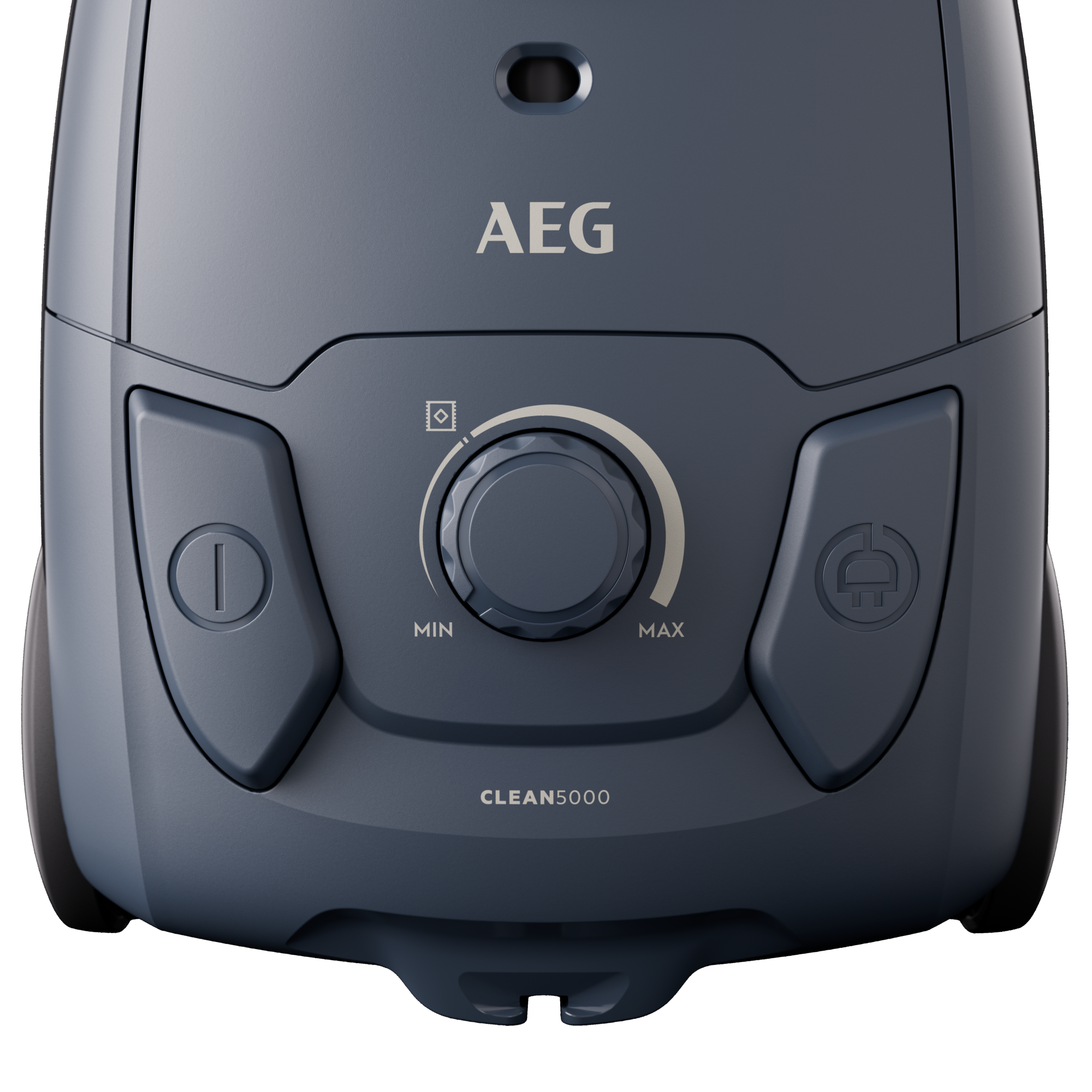Nahaufnahme eines blauen Staubsauger-Bedienfelds mit AEG-Logo und Einstellungen.