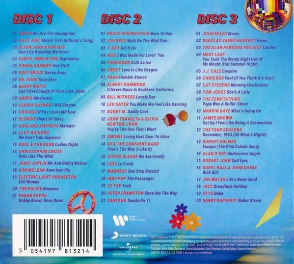 CD-Cover mit drei Listen. Verschiedene Künstler und Songtitel werden angezeigt.
