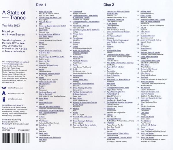 Albumcover von 'A State of Trance Year Mix 2023'. Enthält Tracklist und Logos.