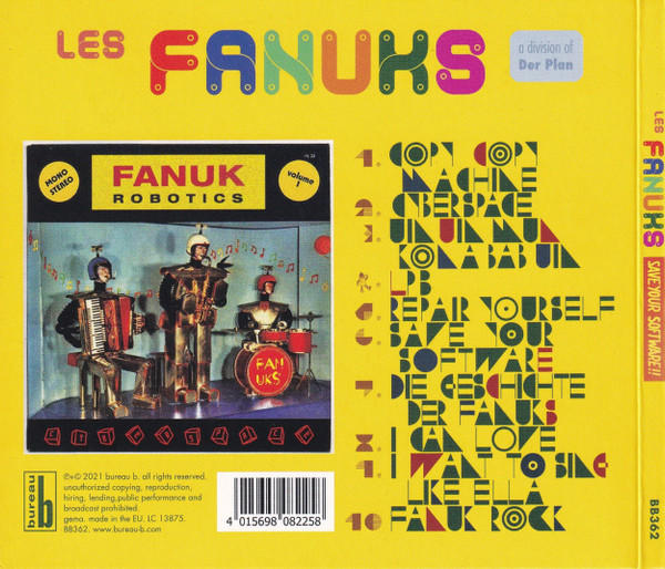 CD-Cover mit gelbem Hintergrund. Cartoon-Roboter spielen Musik. Text auf dem Cover.
