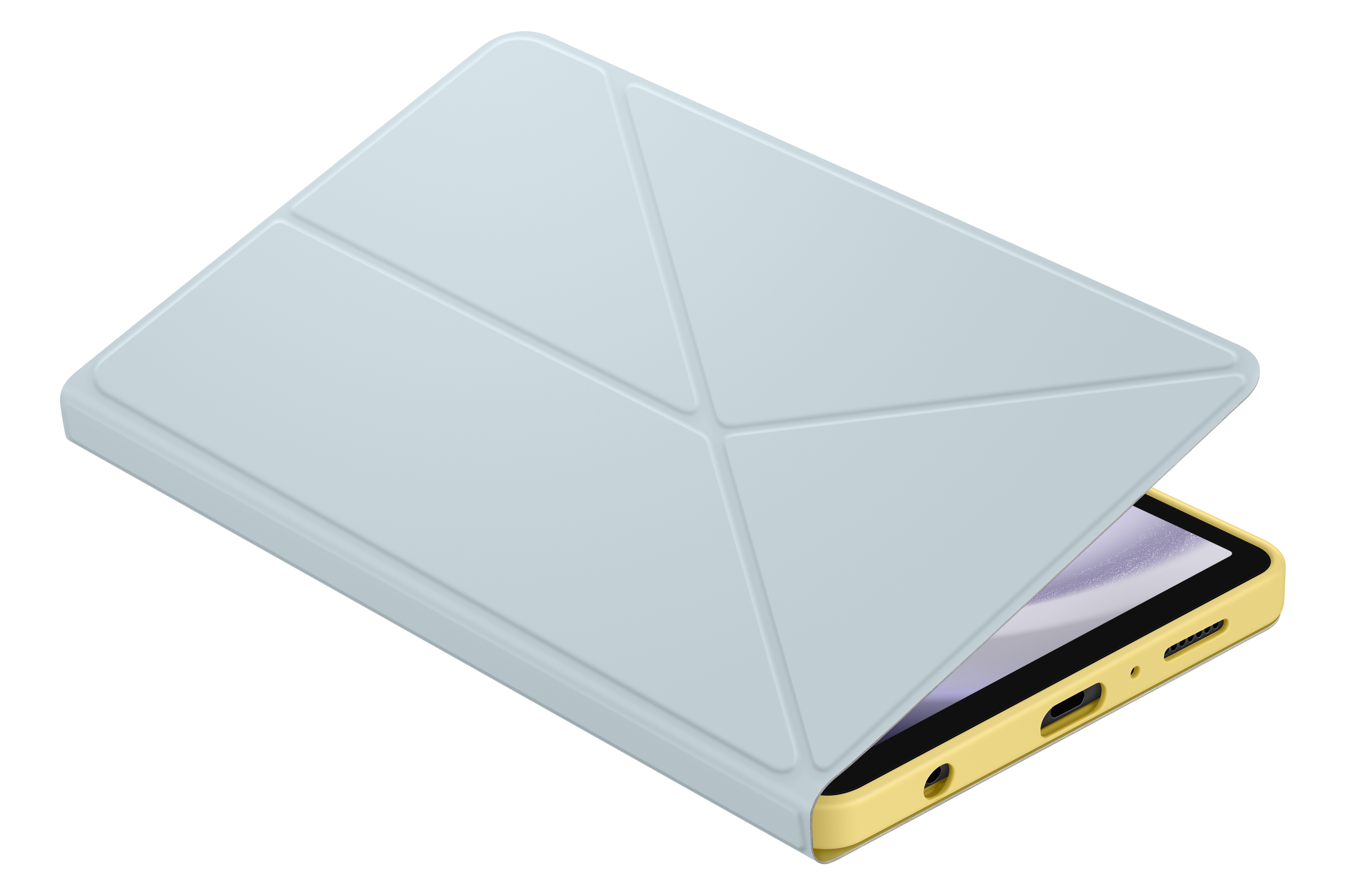 Una funda de tableta azul claro está abierta, revelando una tableta amarilla en el interior.