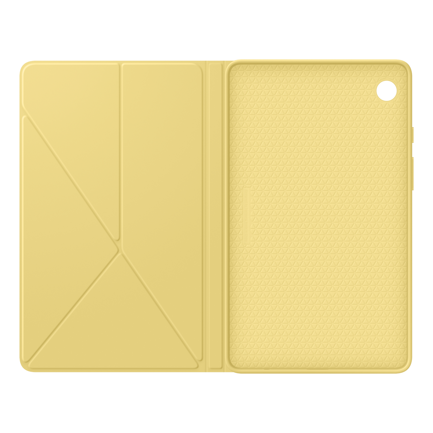 Funda amarilla para tableta, abierta, que muestra un interior amarillo con un diseño triangular.