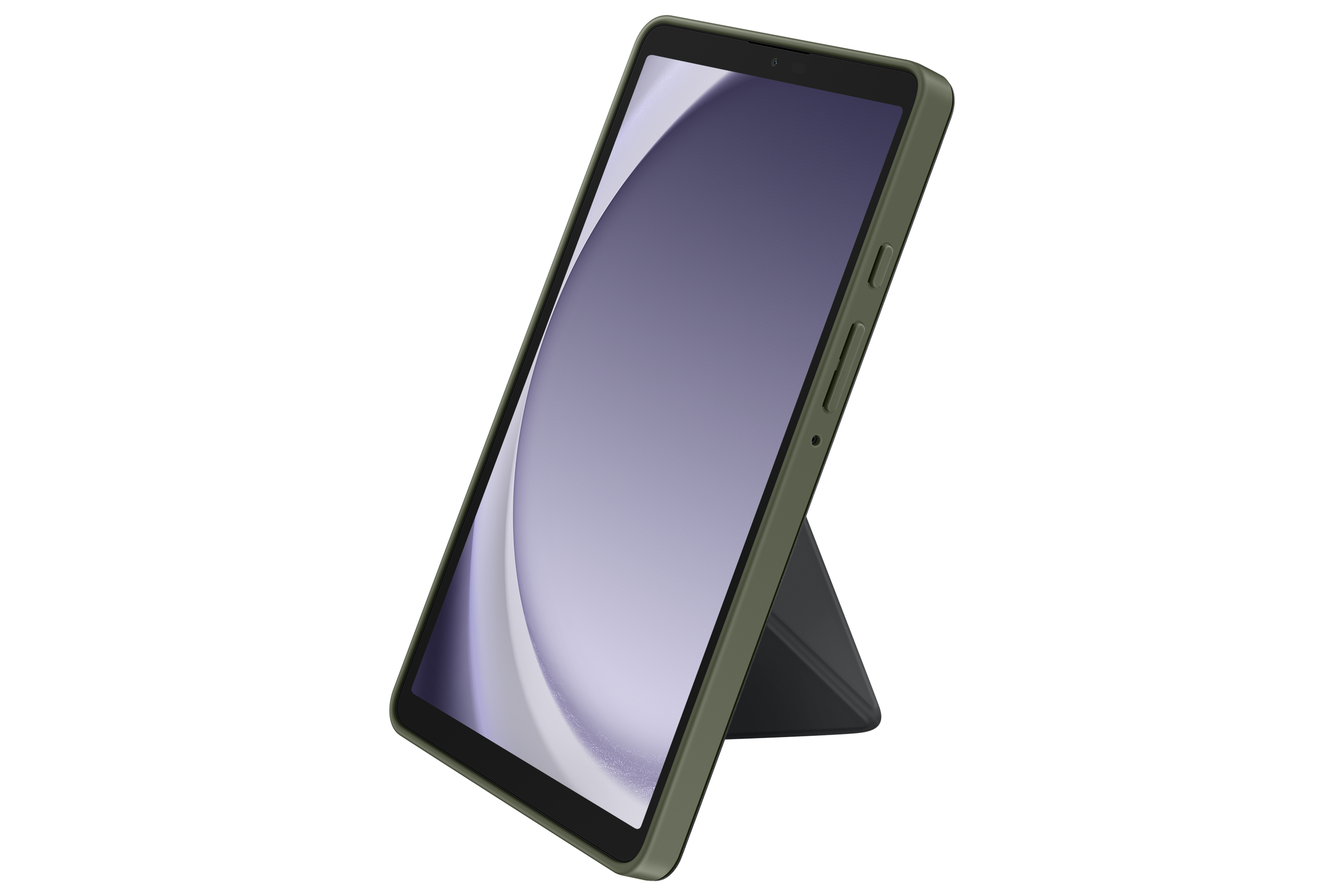 Tableta con funda verde oliva, apoyada. La pantalla muestra un degradado morado-gris, sobre un fondo blanco.