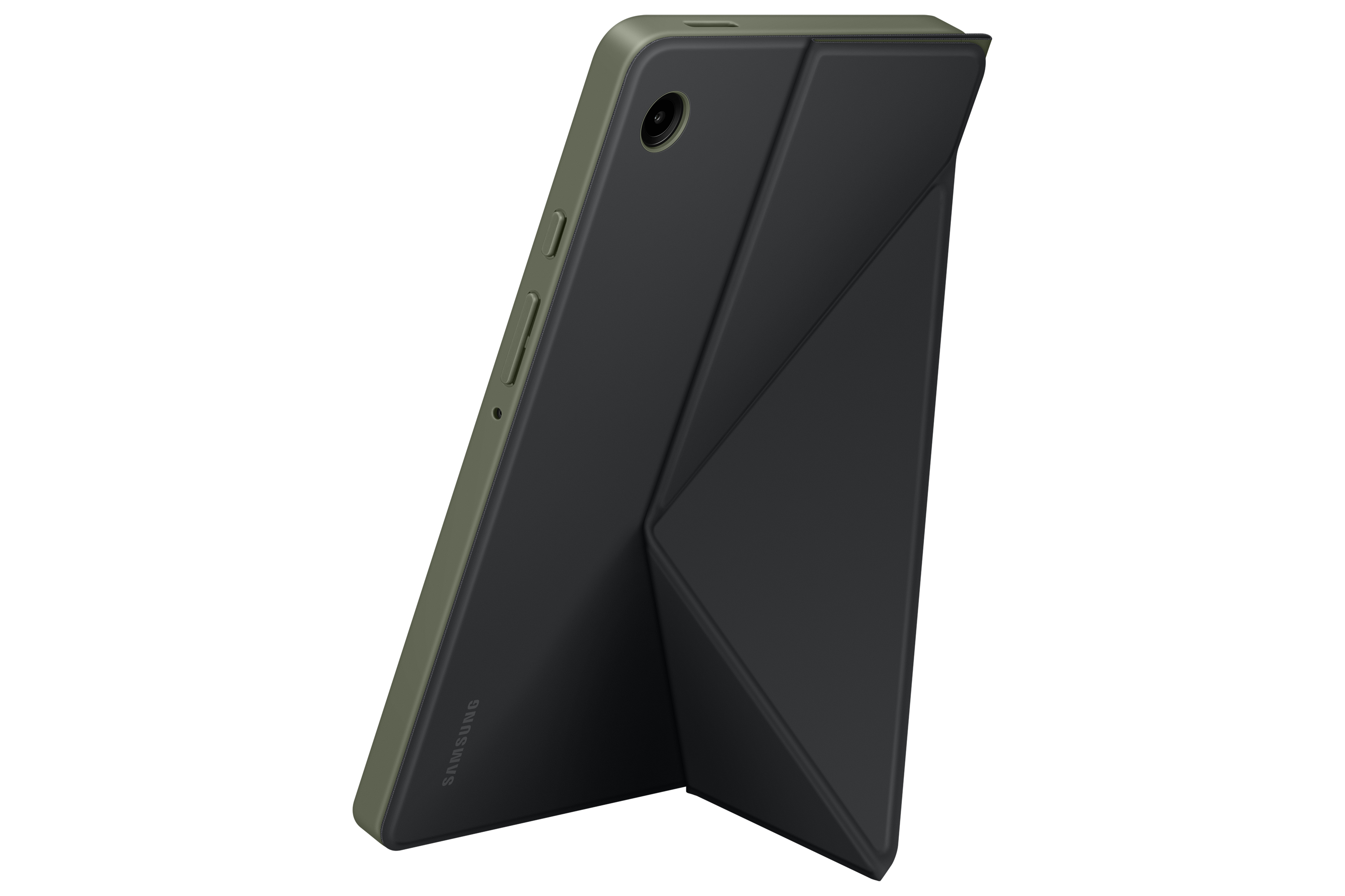 Tableta Samsung oliva con funda plegable, sobre un fondo blanco.