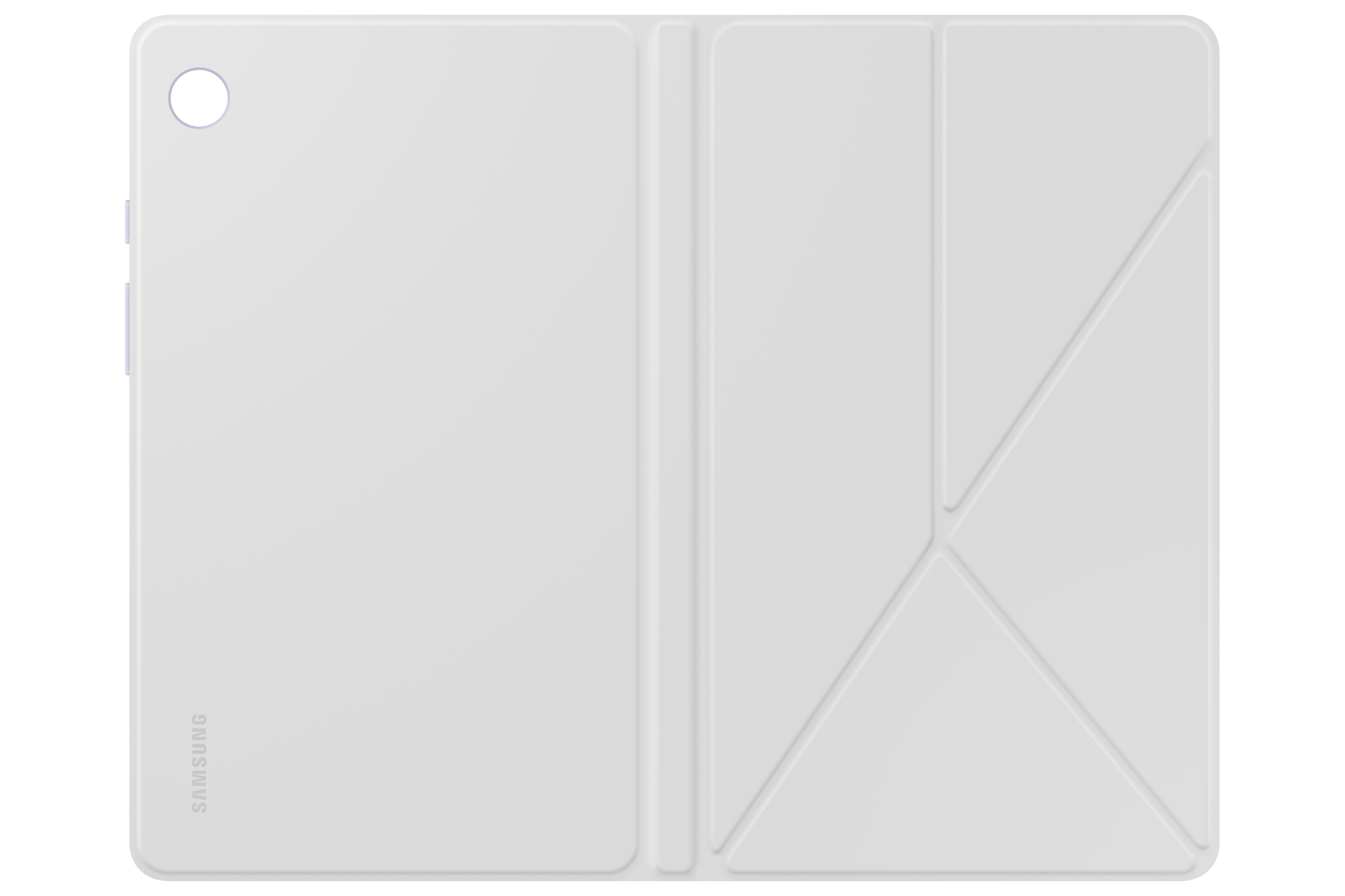 Una funda blanca para tableta, plegada. La funda es blanca con el logotipo de Samsung.