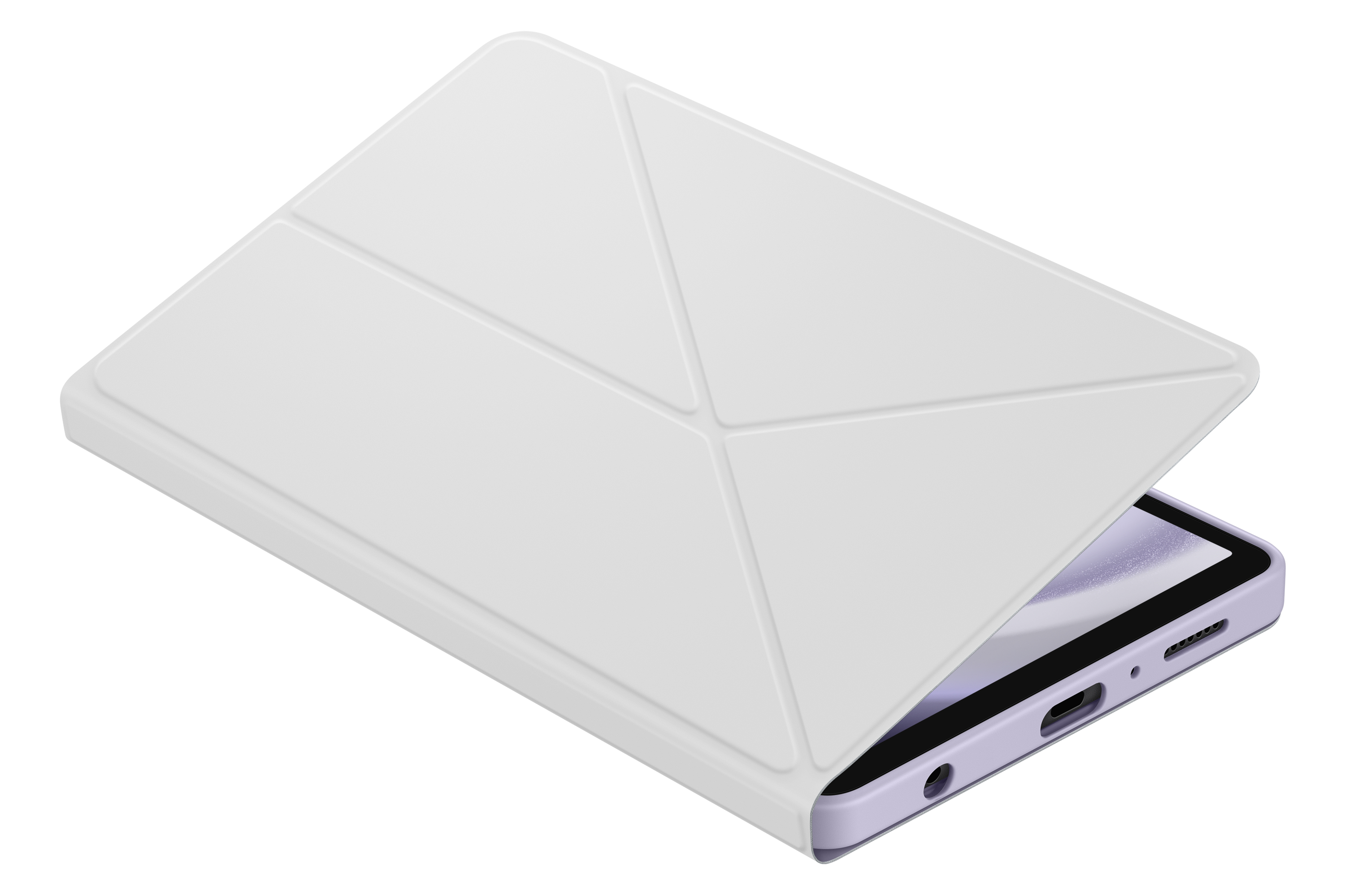 Tableta en una funda blanca, abierta para mostrar la pantalla. La funda es un triángulo.
