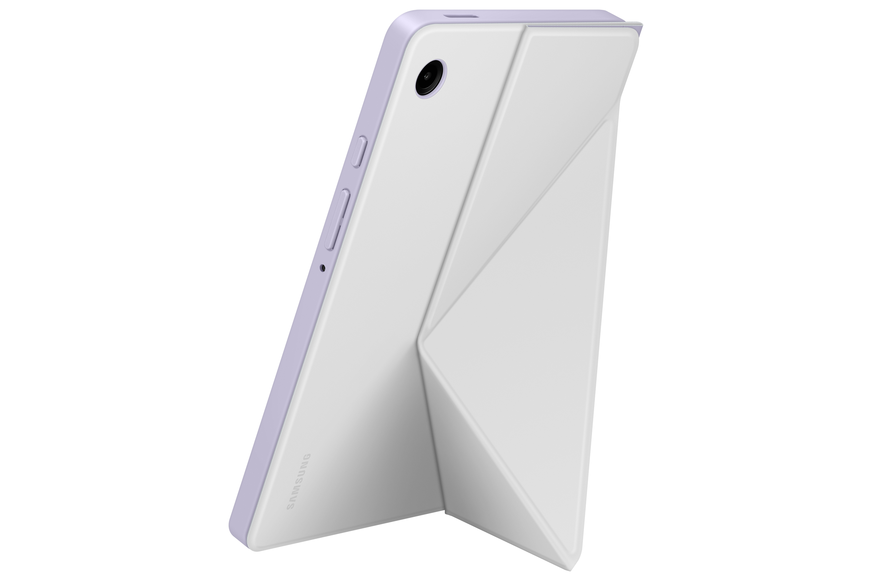 Tableta Samsung blanca con borde lila, apoyada con su cubierta sobre un fondo blanco. La cámara es visible.