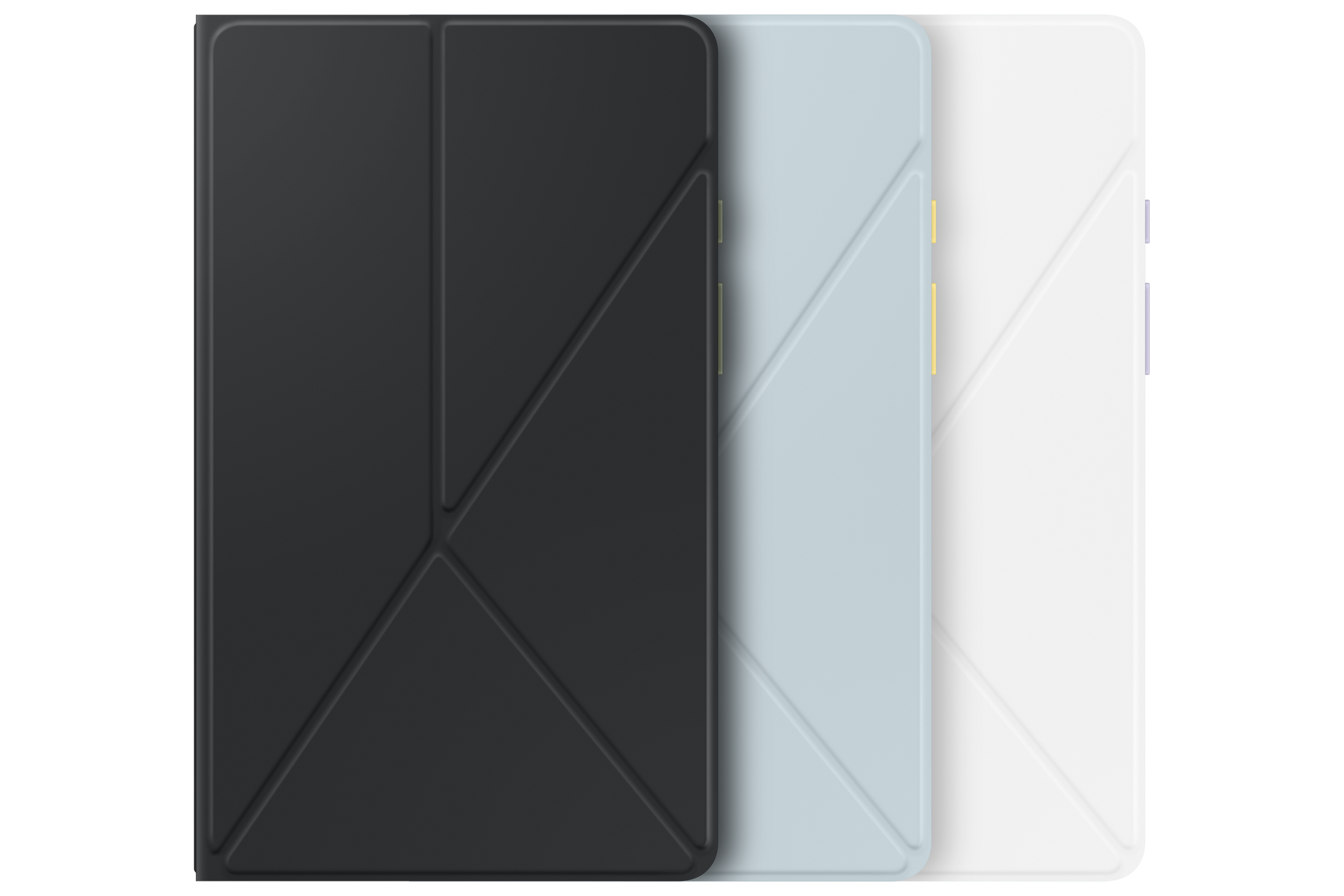 Tres fundas para teléfono. Negro, azul claro y blanco. Diseño geométrico. Fondo blanco.