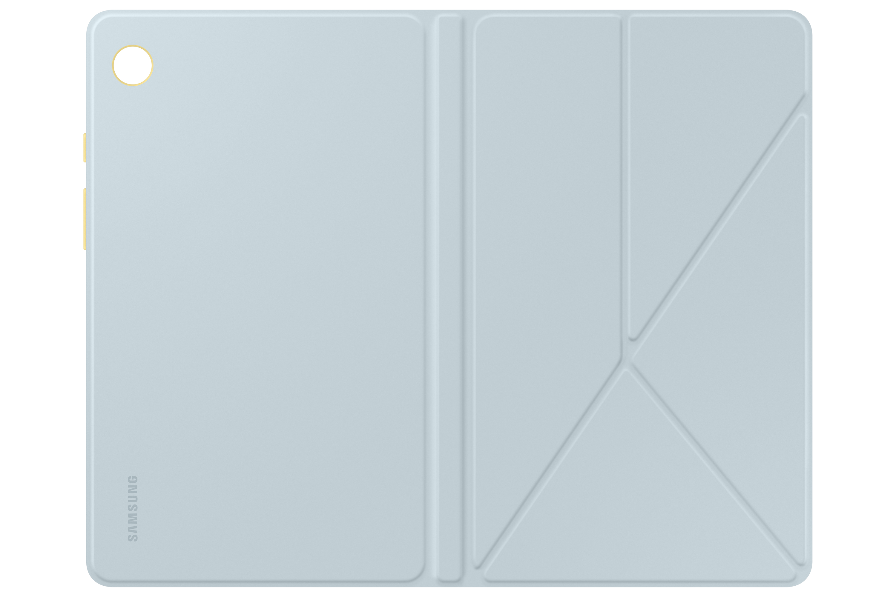 Funda de tableta azul claro, abierta. Se ve un botón amarillo.