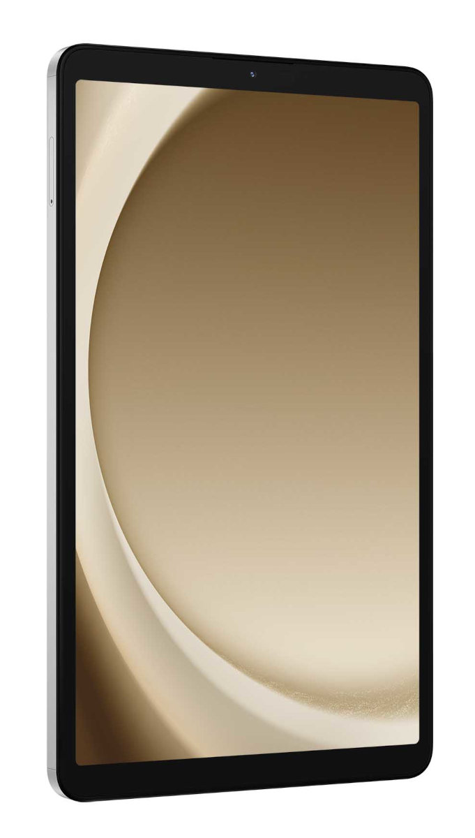 Tablet w metalowej ramie, z gradientowym brązowym ekranem. Widok pod kątem.