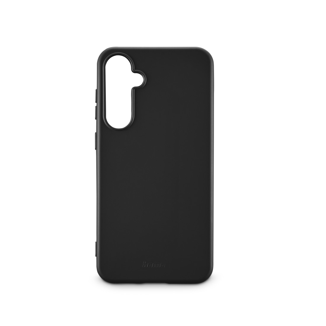 Eine schwarze Handyhülle mit Kameraausschnitt, für ein Mobiltelefon, auf weißem Hintergrund.