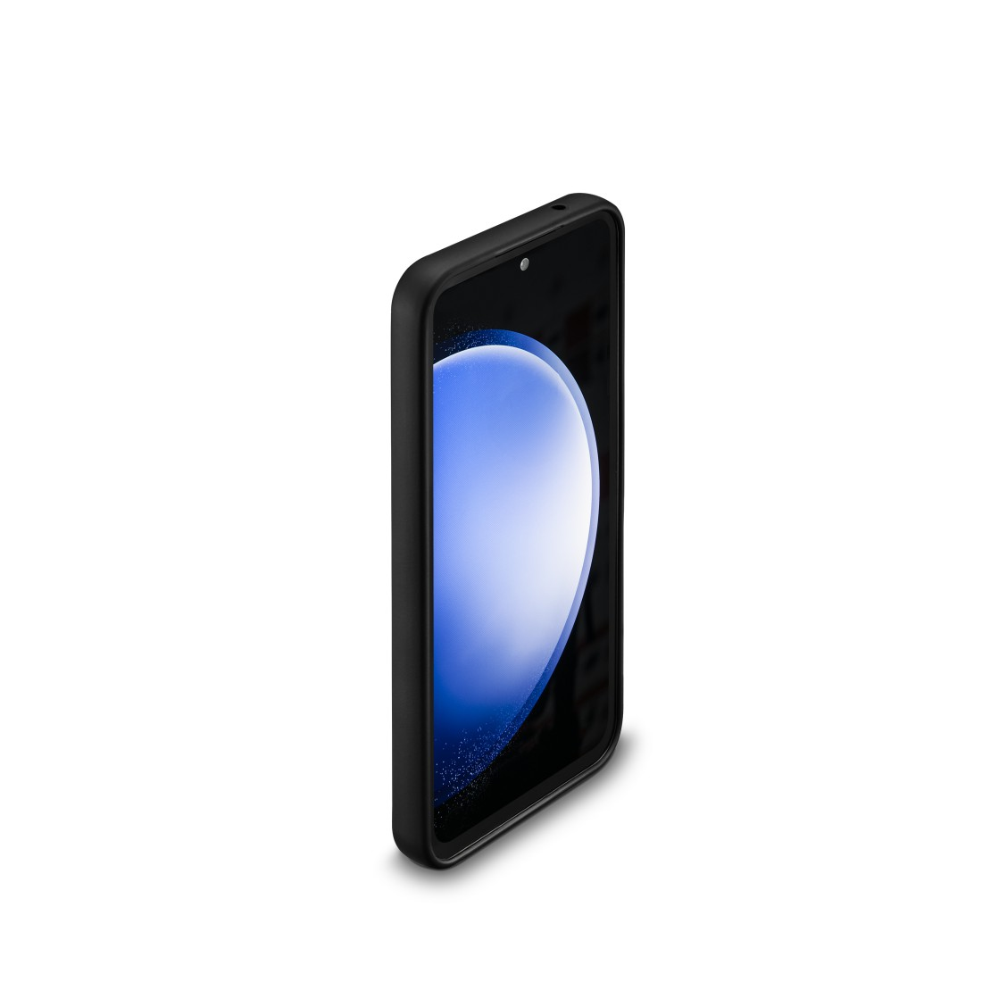 Schwarze Handyhülle mit Telefon, schräge Ansicht, auf weißem Hintergrund.
