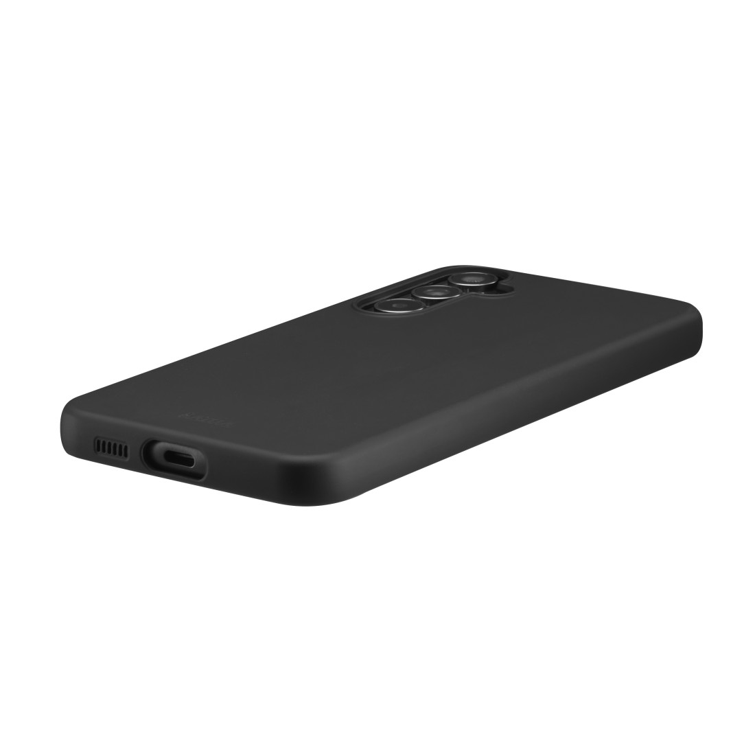 Schwarze Handyhülle auf weißem Hintergrund. Telefonform mit Kameraausschnitt. Mattes Finish.