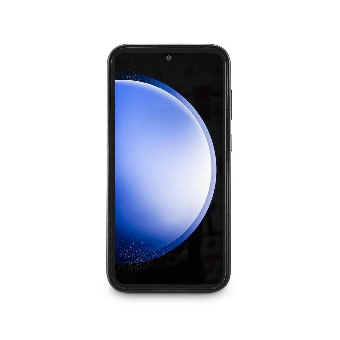Ein schwarzes Telefon zeigt einen blauen Farbverlauf. Der Bildschirm ist von einem schwarzen Rahmen umgeben.