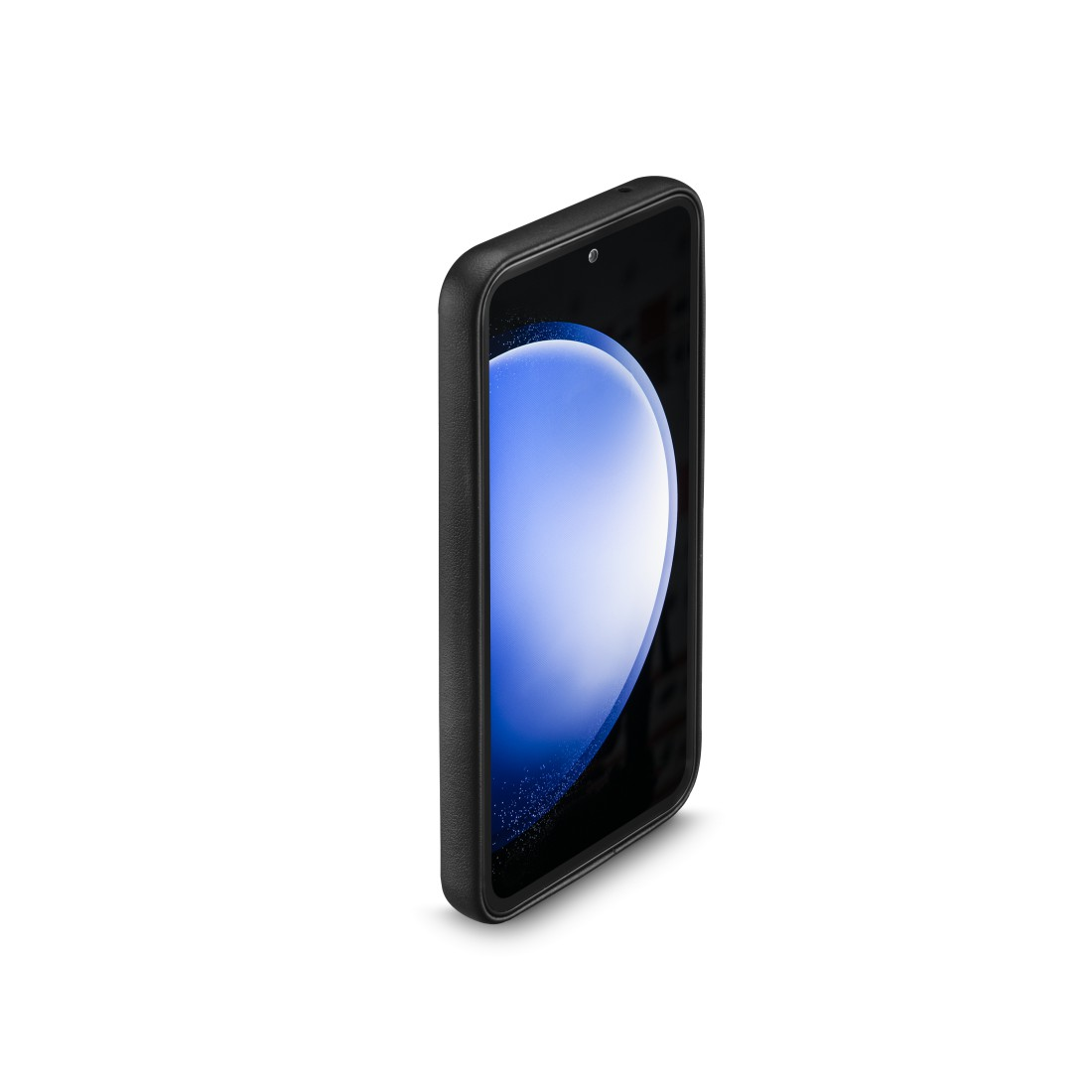 Eine schwarze Telefonhülle mit einem Telefon darin, der Bildschirm zeigt einen blau-weißen Farbverlauf.