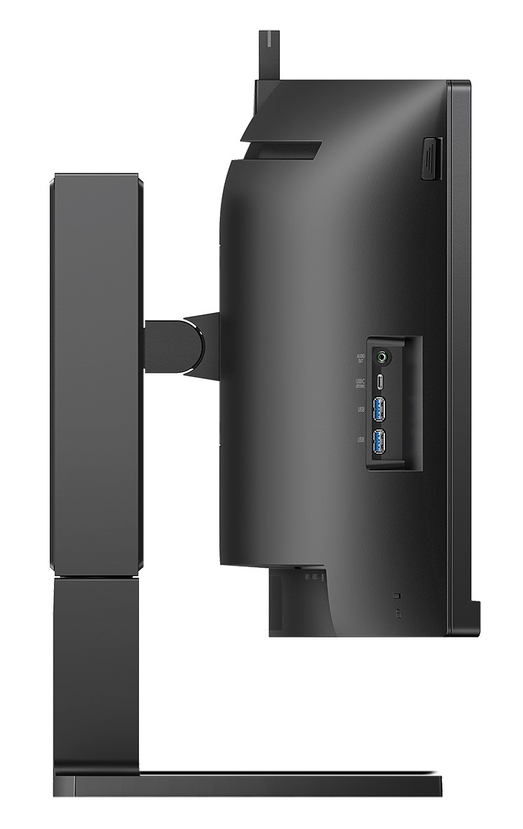 Schwarzer Computermonitor mit Anschlüssen und Ständer, Seitenansicht.
