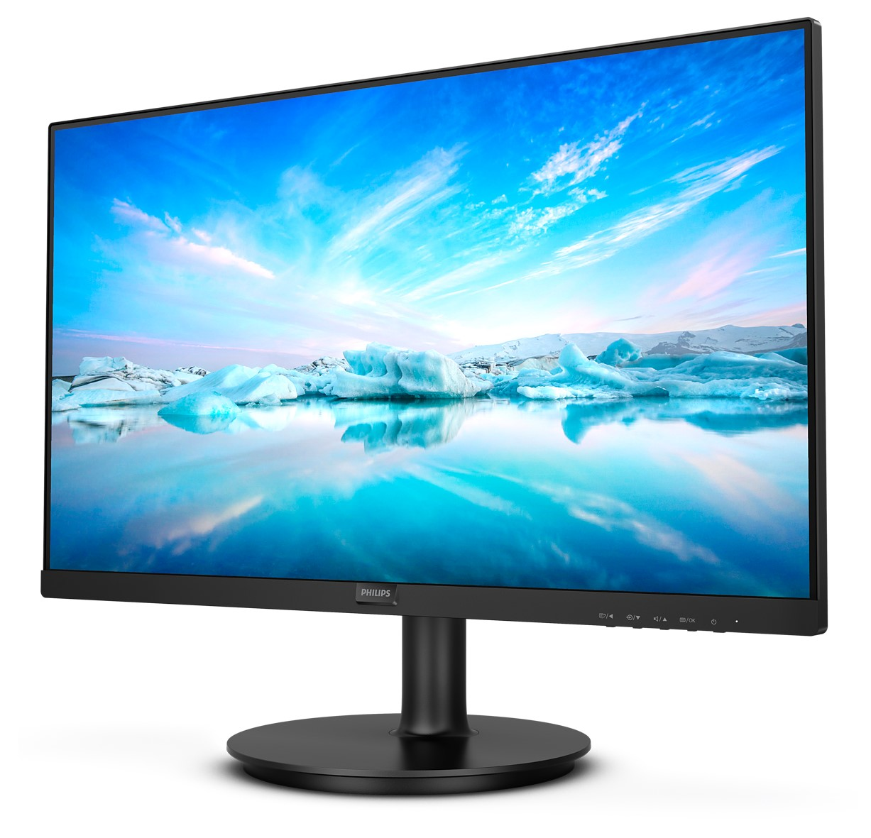 Ein Computermonitor mit blauem Himmel, Eisbergen und einer Reflexionsszene.