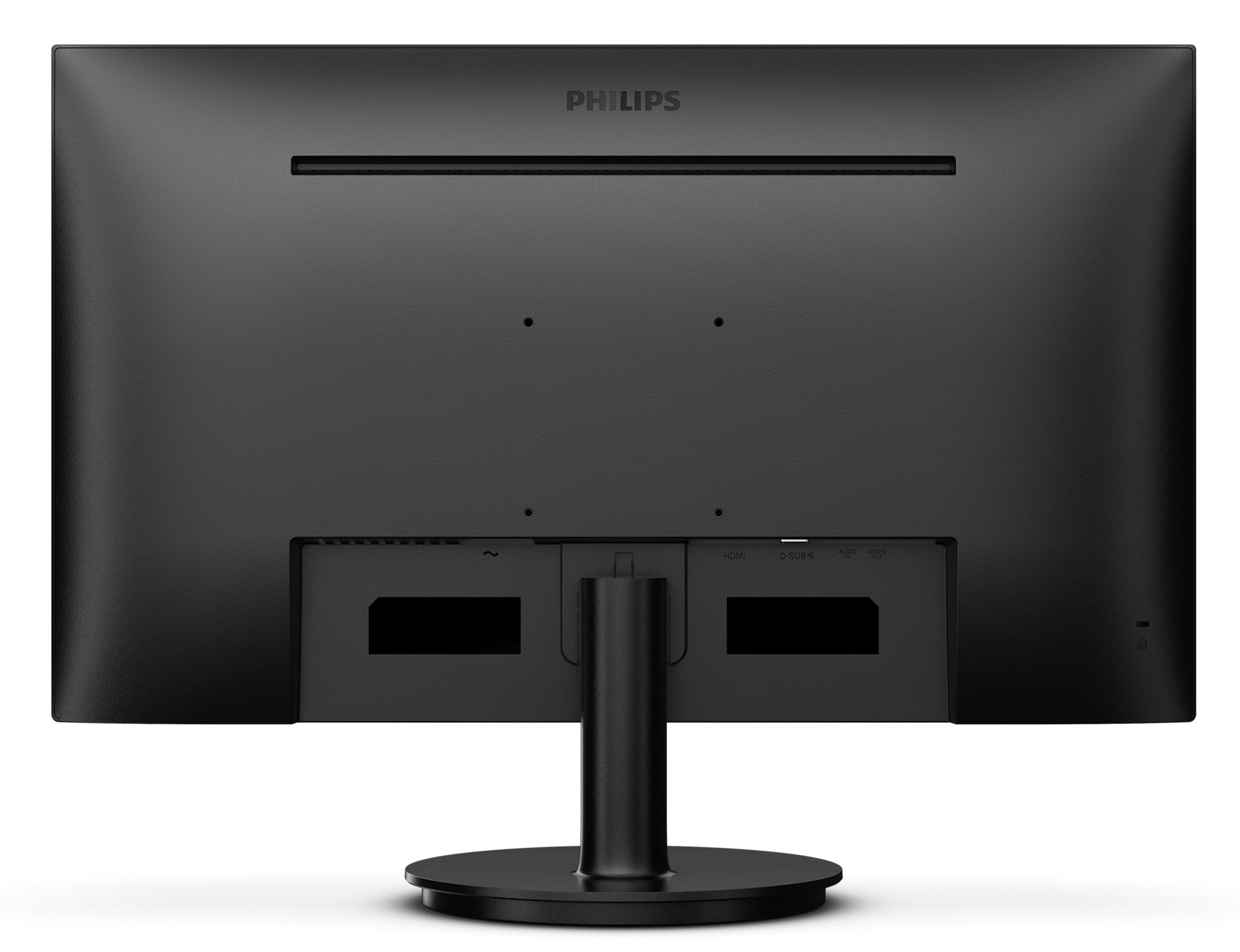 Die Rückseite eines schwarzen Philips-Monitors. Es hat Anschlüsse und einen Ständer.