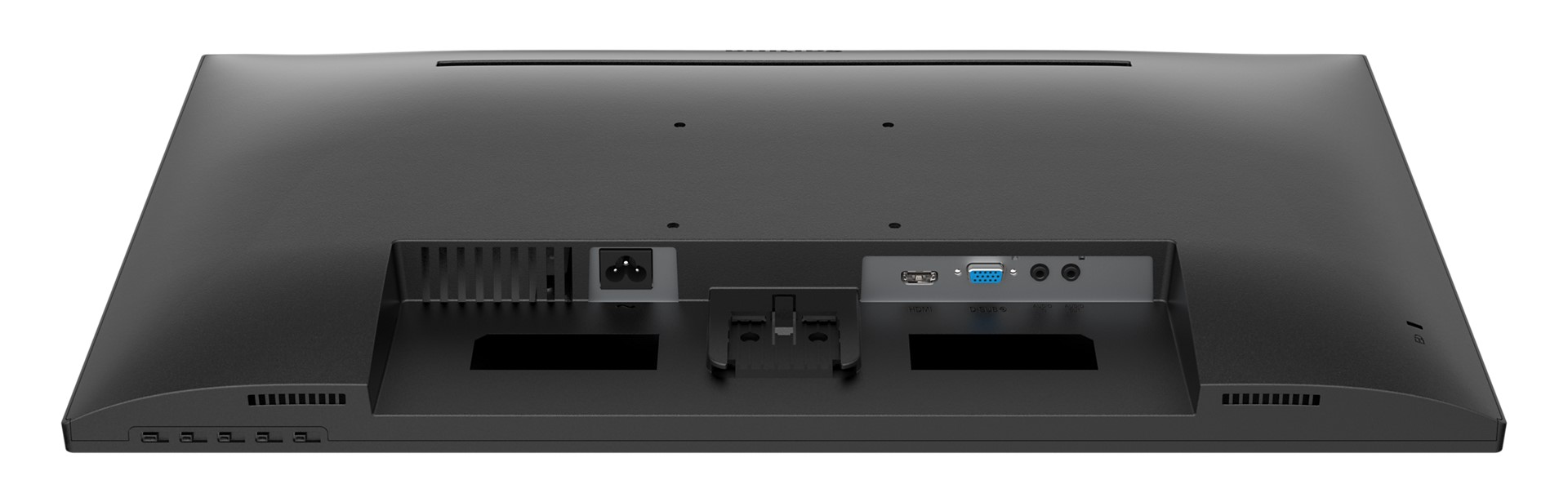 Die Rückseite eines schwarzen Computermonitors, die Anschlüsse und Verbindungen zeigt.