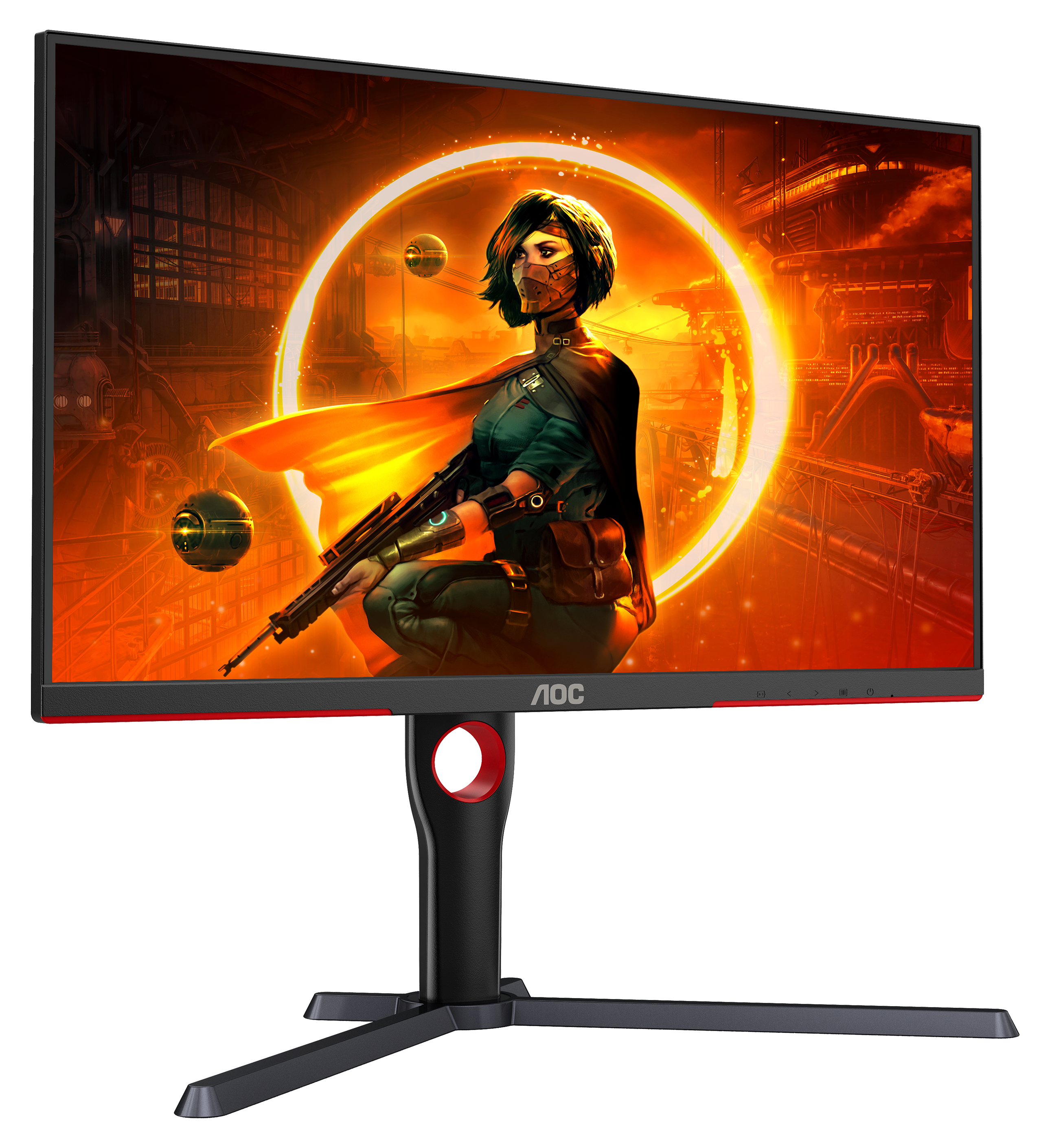 AOC Gaming-Monitor mit einer Frau auf dem Bildschirm. Der Monitor hat einen roten Streifen.