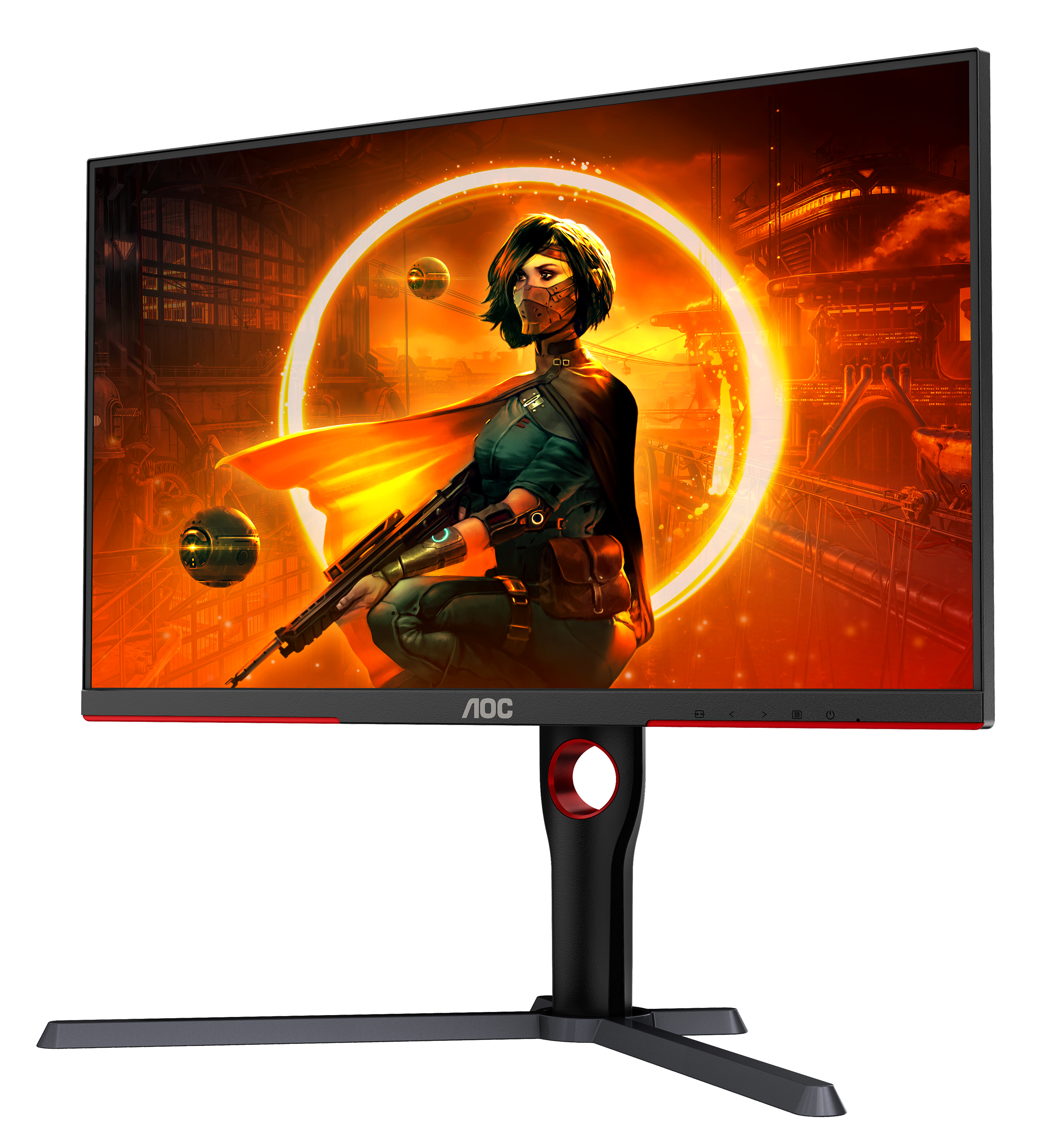 AOC Gaming-Monitor, der ein Spiel mit einer weiblichen Figur anzeigt.