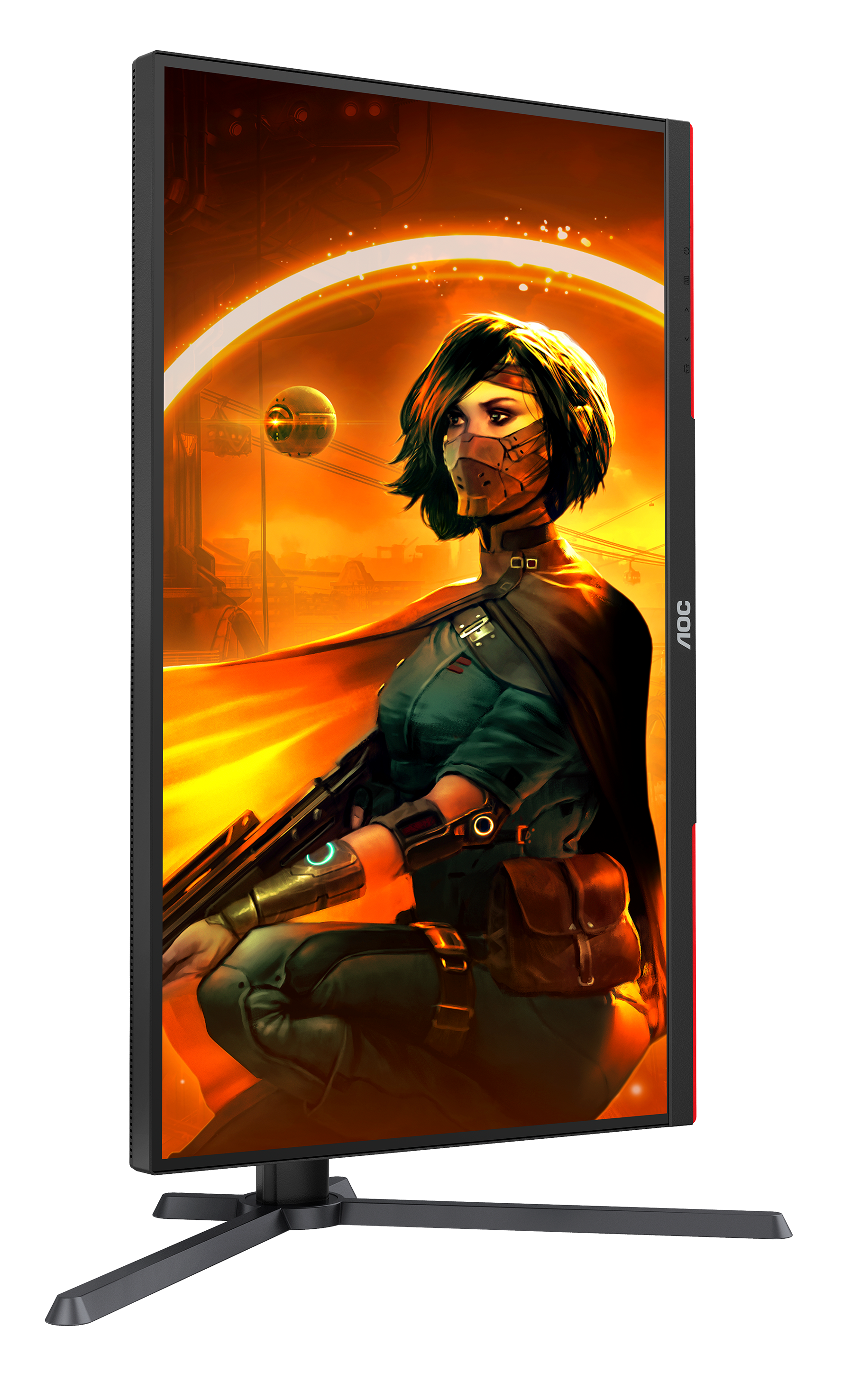 Gaming-Monitor, Frau mit futuristischer Maske, Gewehr, rote Akzente und AOC-Logo.