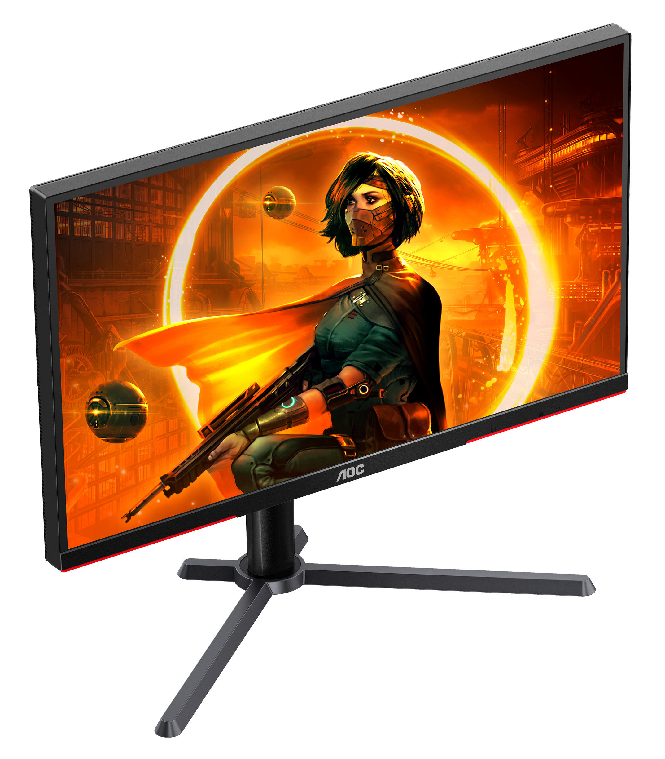 AOC Gaming-Monitor mit einer Frau auf dem Bildschirm. Der Monitor hat einen roten Streifen.