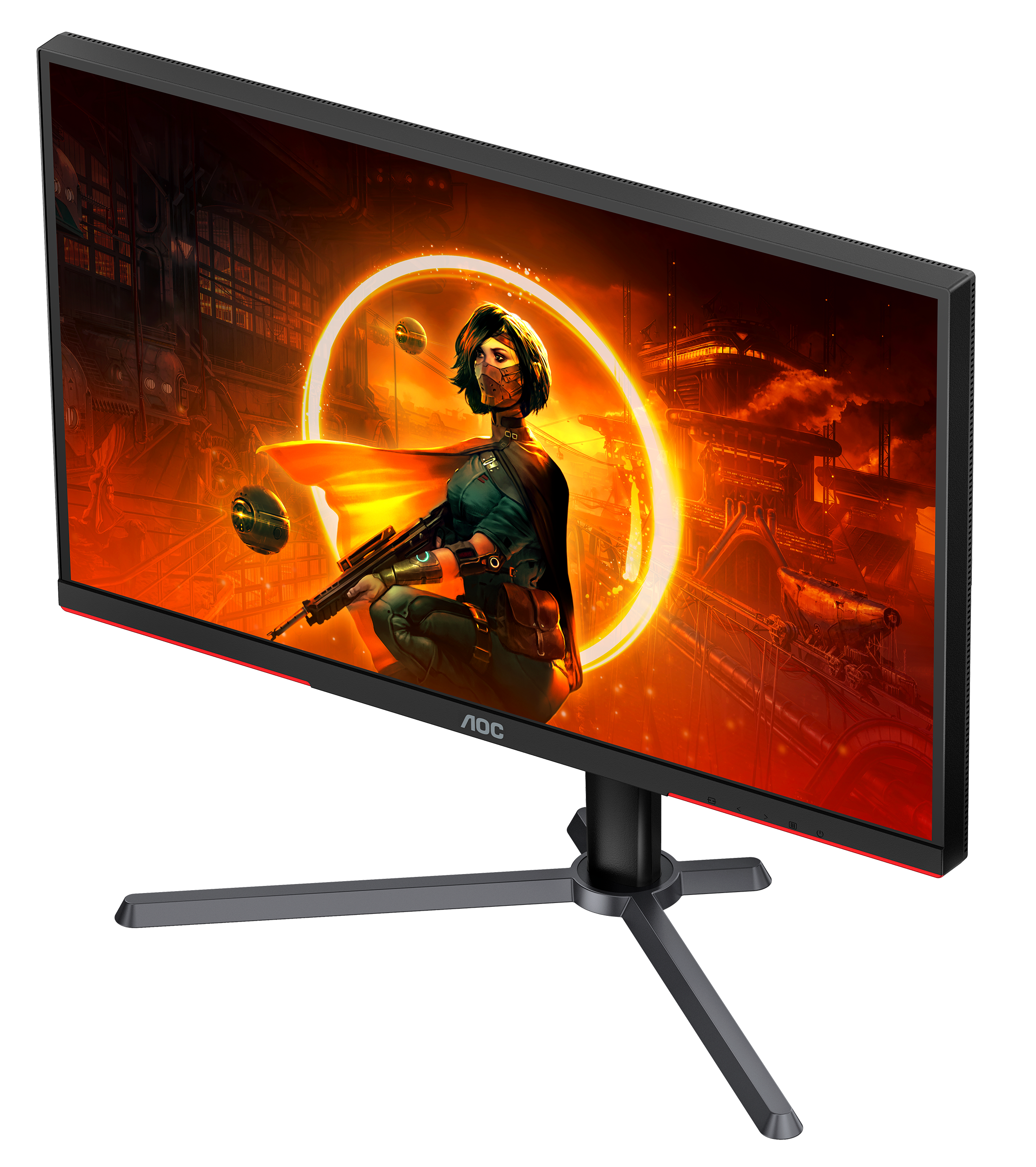 Gaming-Monitor mit Spielszene auf dem Bildschirm. Schwarzer Ständer und rote Akzente.
