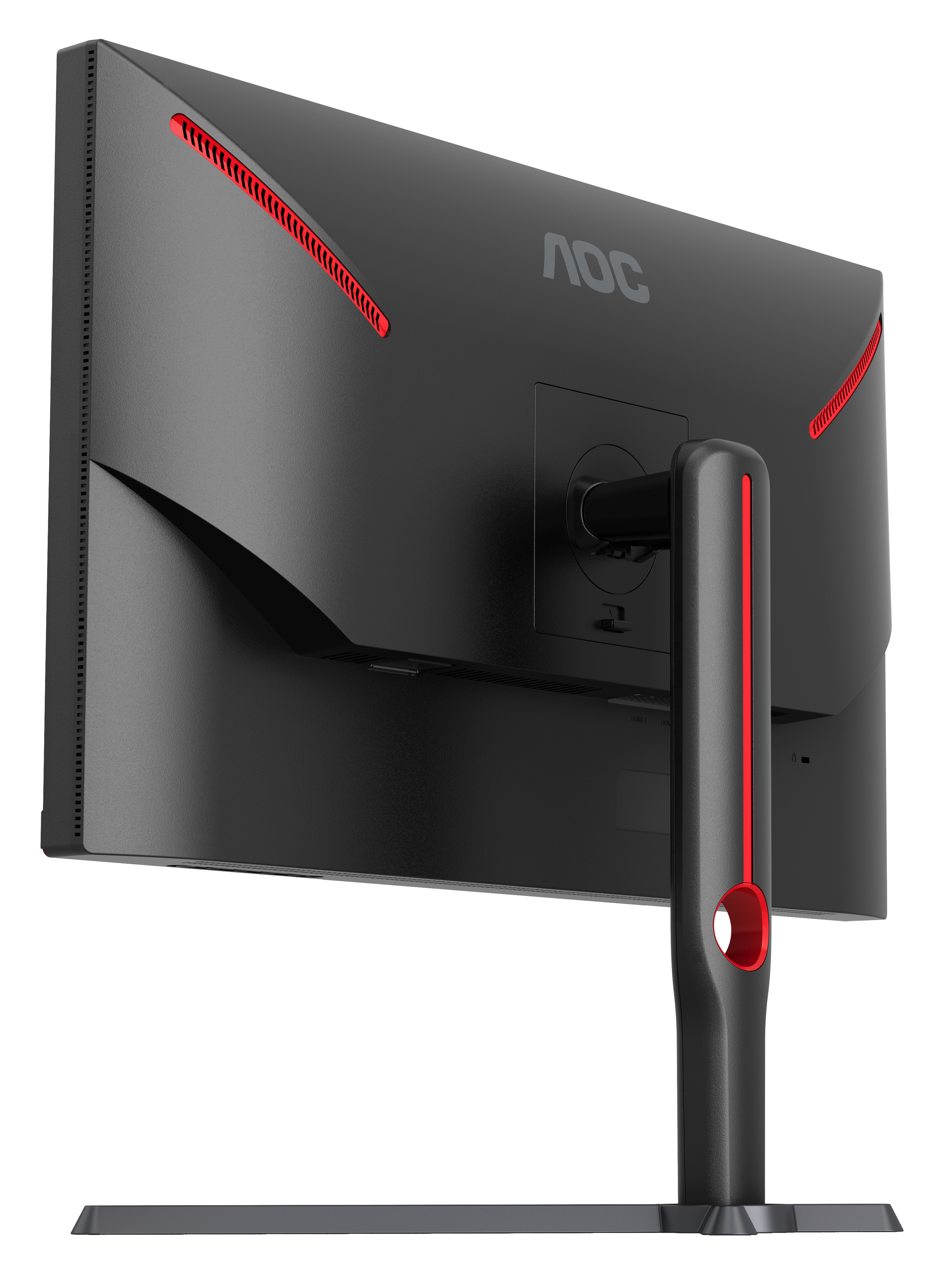 Schwarzer AOC-Monitor. Rote Akzente, aus der Seitenansicht. 