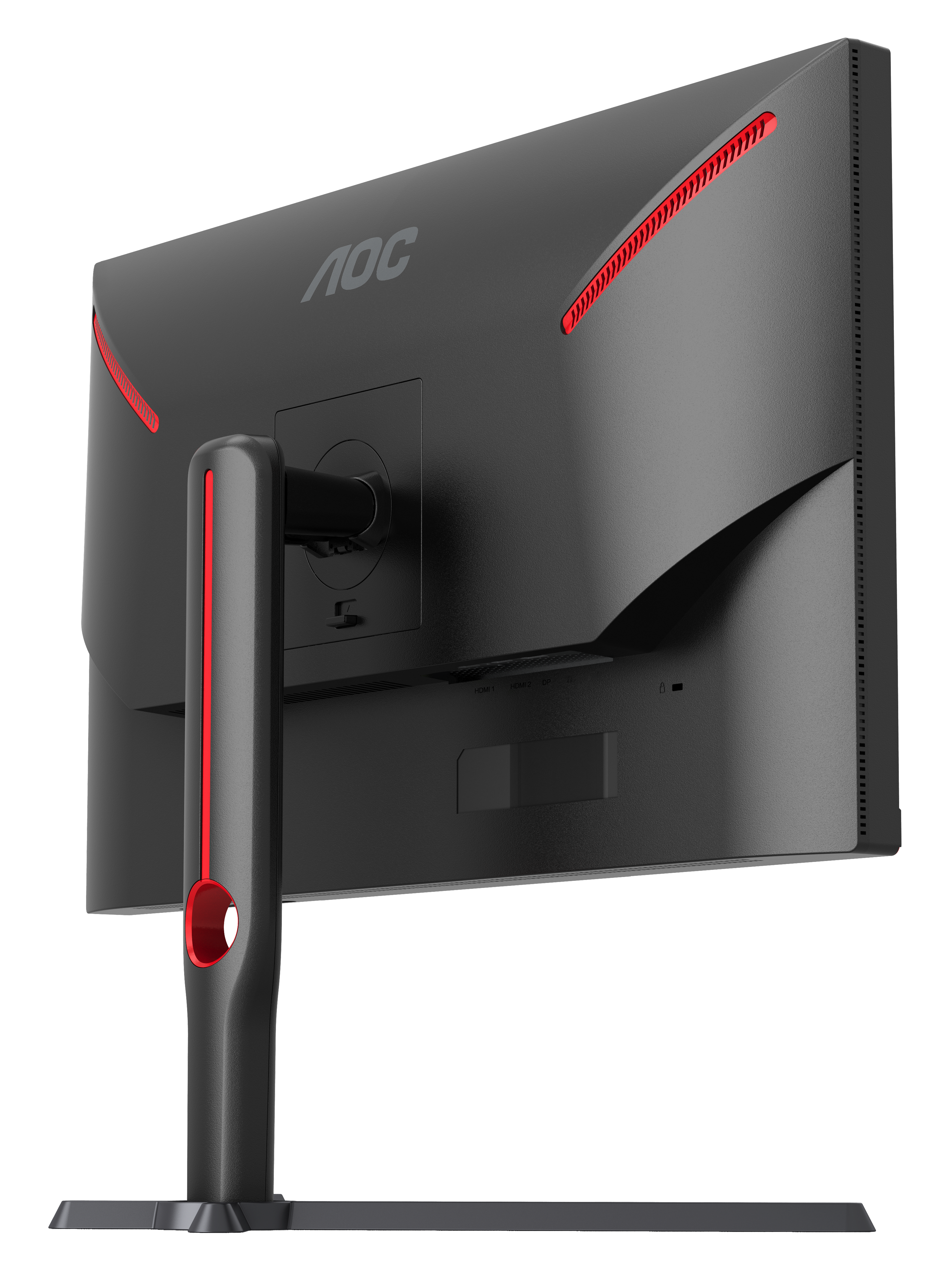Schwarze Monitorrückseite mit roten Akzenten und dem AOC-Logo.
