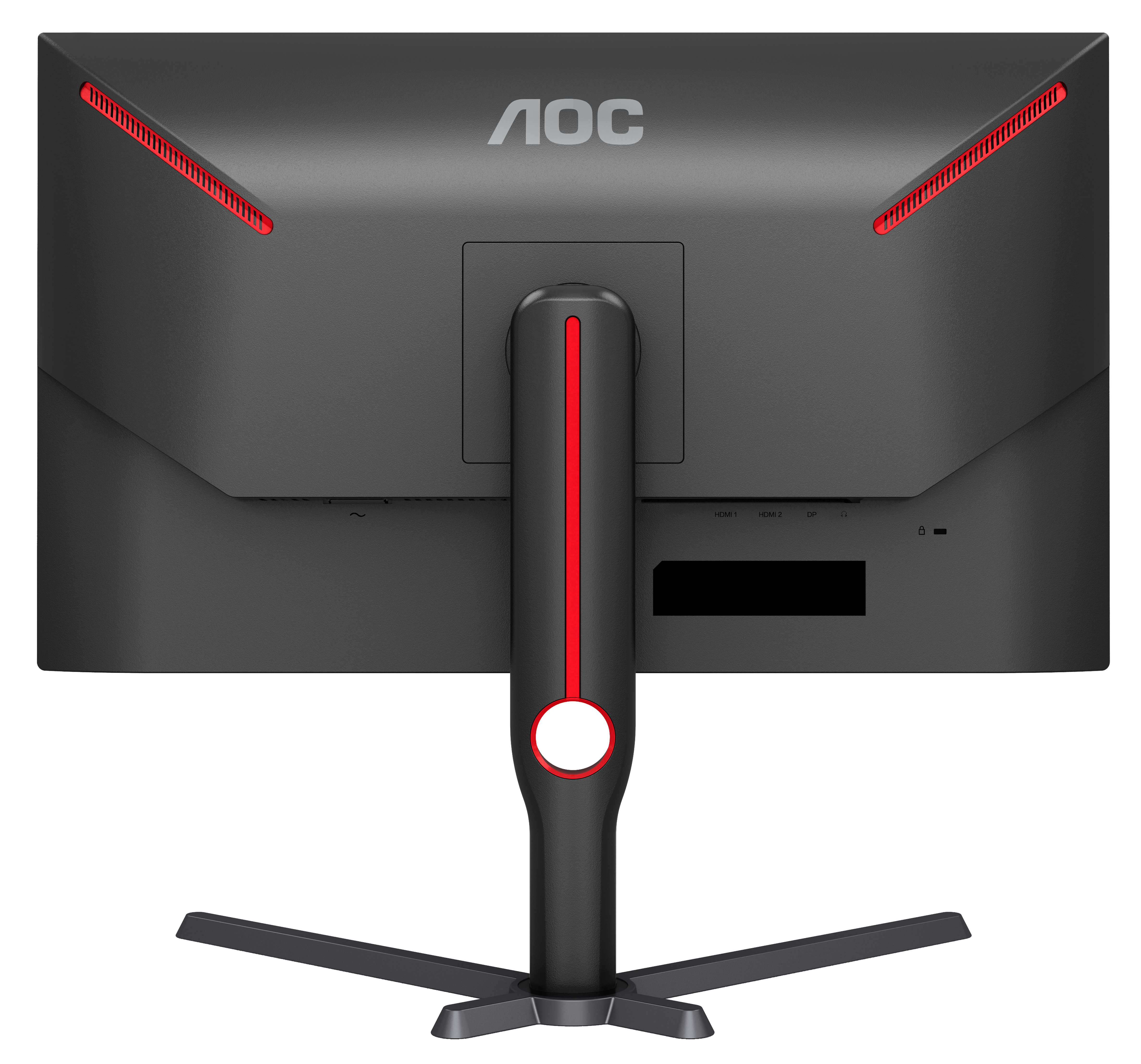 Monitor Rückseite, schwarz, mit roten Akzenten und Ständer. Weißer Hintergrund.