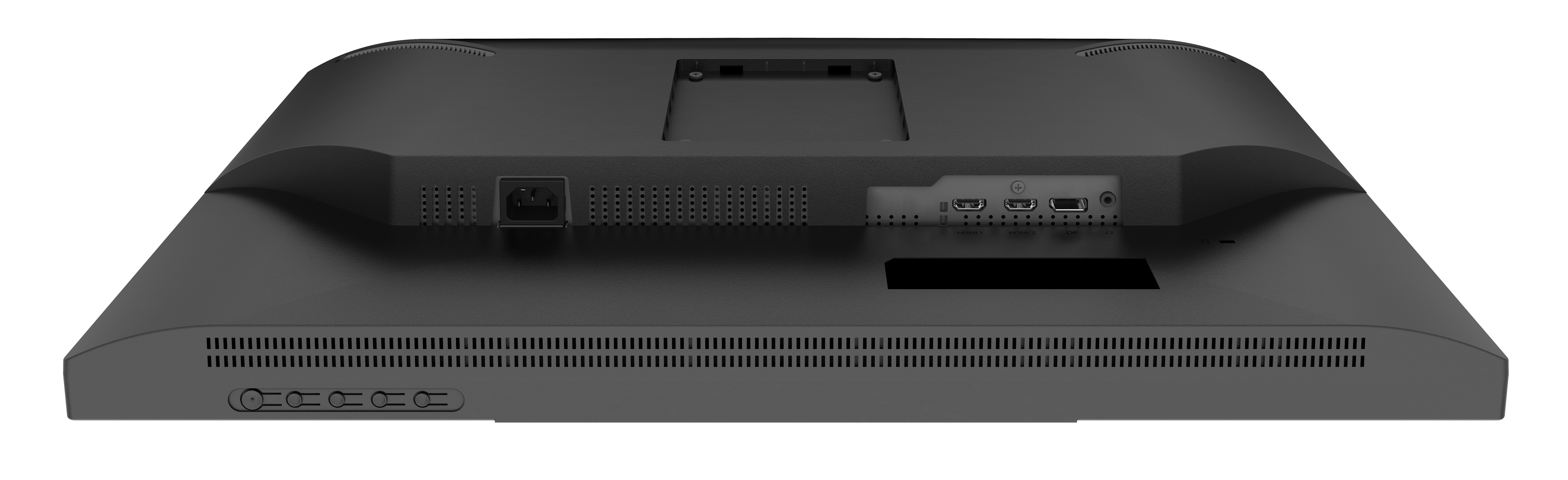 Die Rückseite eines schwarzen Computermonitors mit Anschlüssen und Belüftung.
